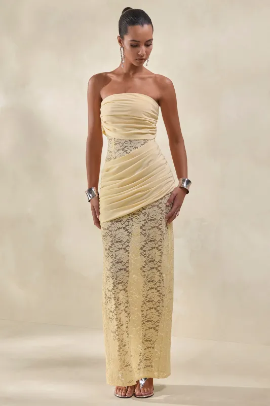 Lalita | Lemon Lace And Satin Bandeau Maxi Dress With Wrap-Details made by Club L London