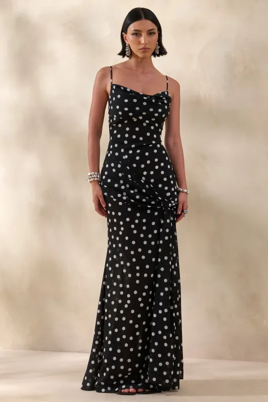 Virtue | Black & White Sheer Polka Dot Cowl-Neck Fishtail Maxi Dress With Split made by Club L London