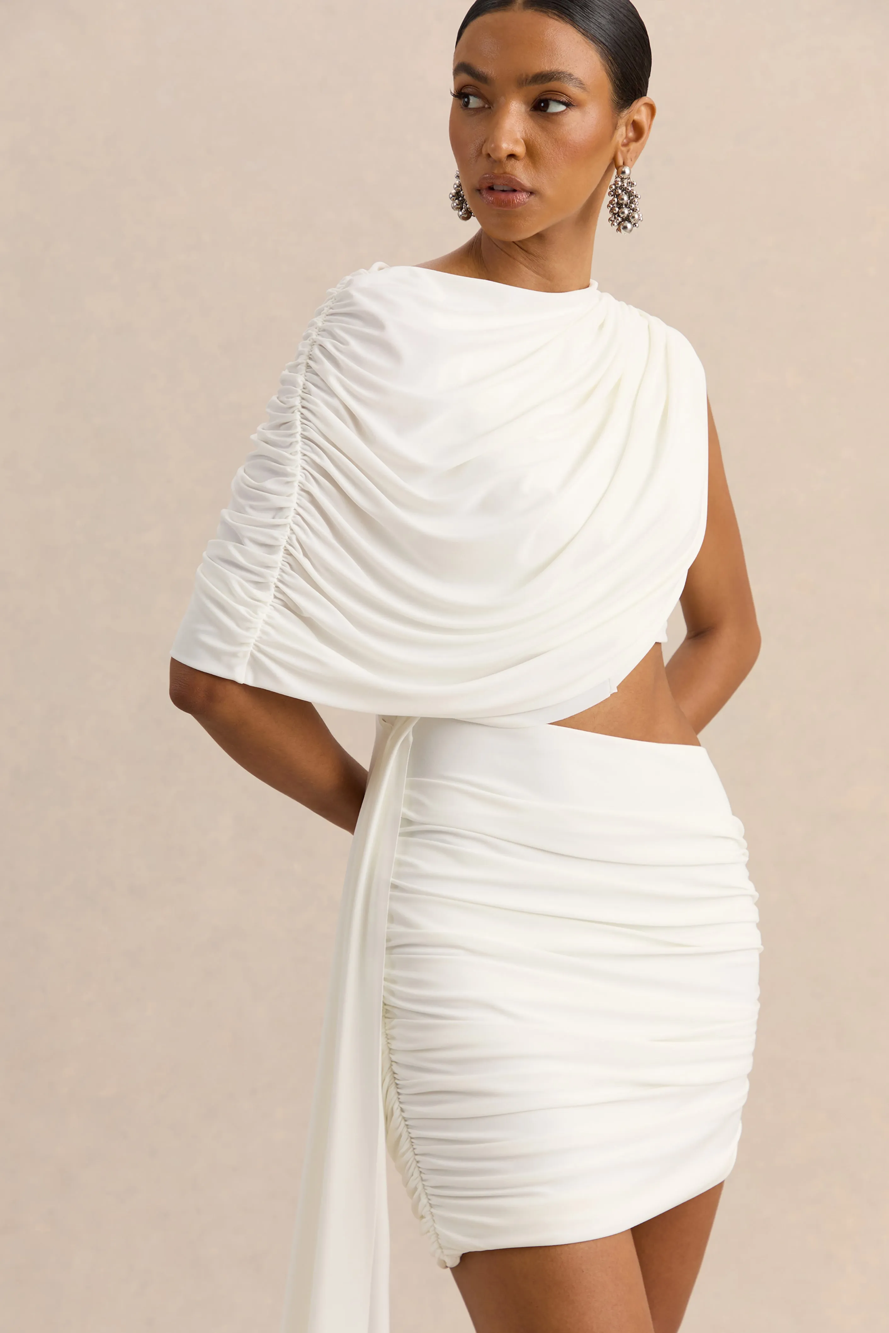 Danellia | White Round-Neck Mini Dress With Cut-Out Detail And Sash sold by Club L London product image thumbnail 3