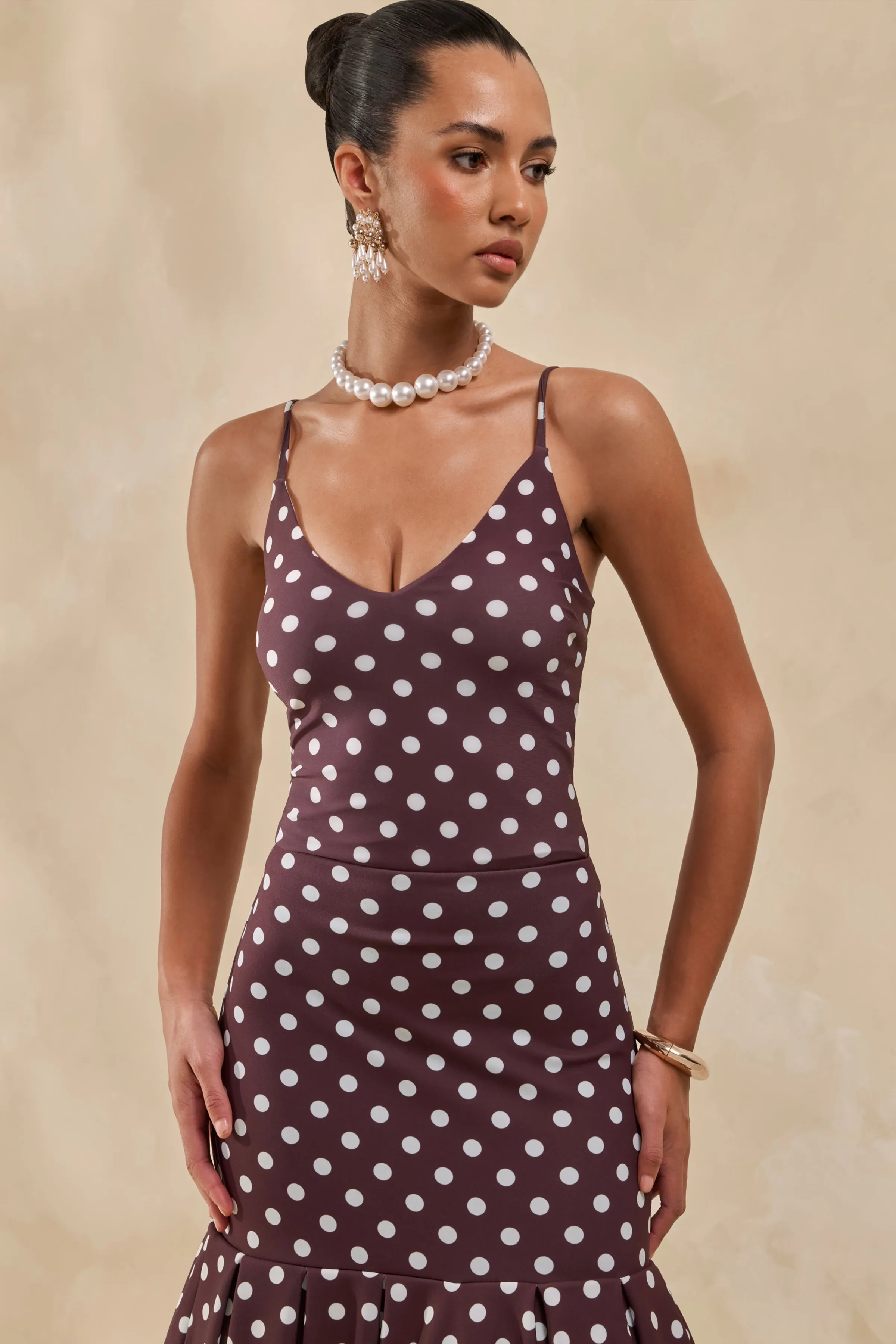Rayna | Brown Polka-Dot V-Neck Bodysuit sold by Club L London