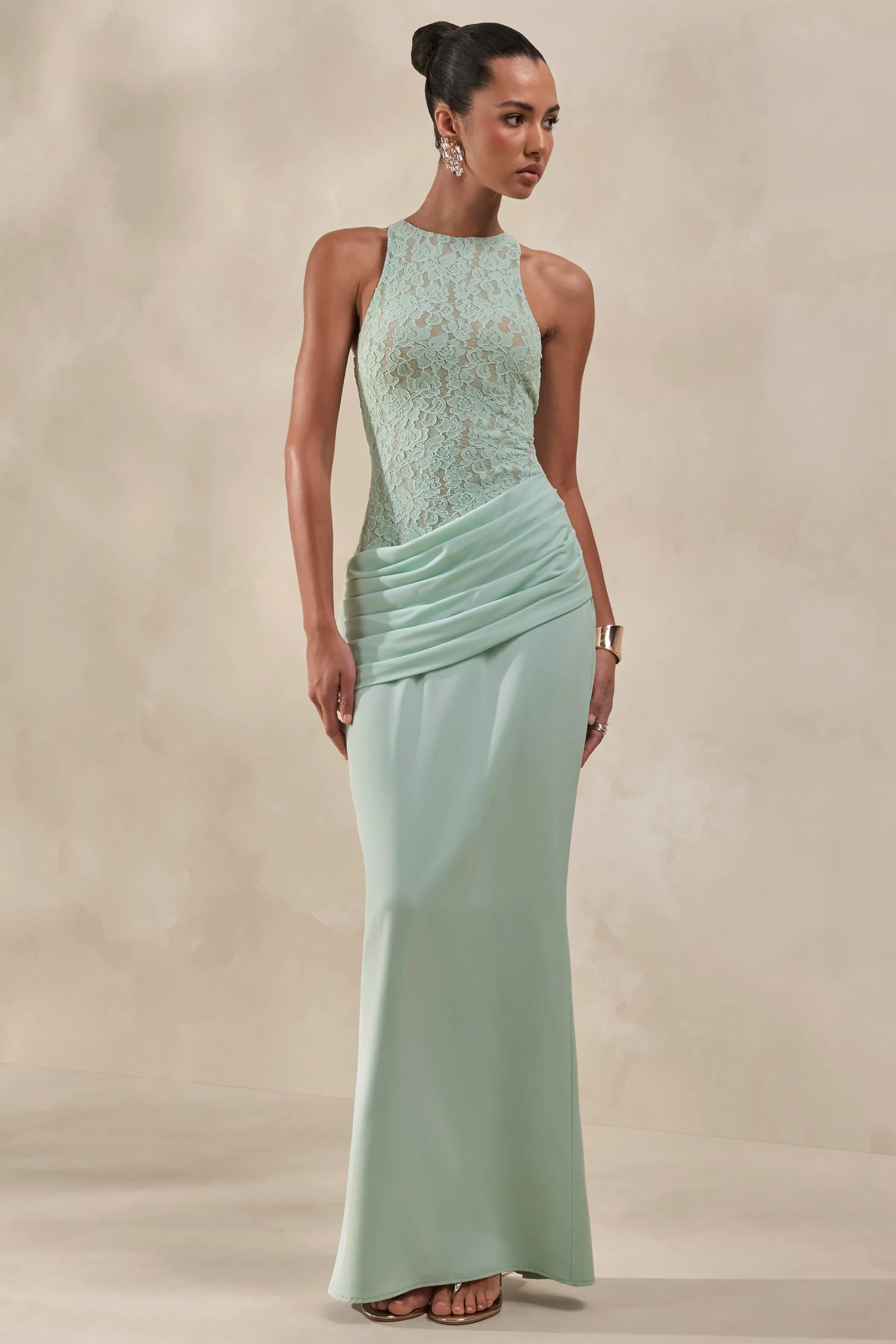 Anthelia | Mint Lace And Satin Racer-Neck Maxi Dress With Draped-Detail sold by Club L London product image thumbnail 5