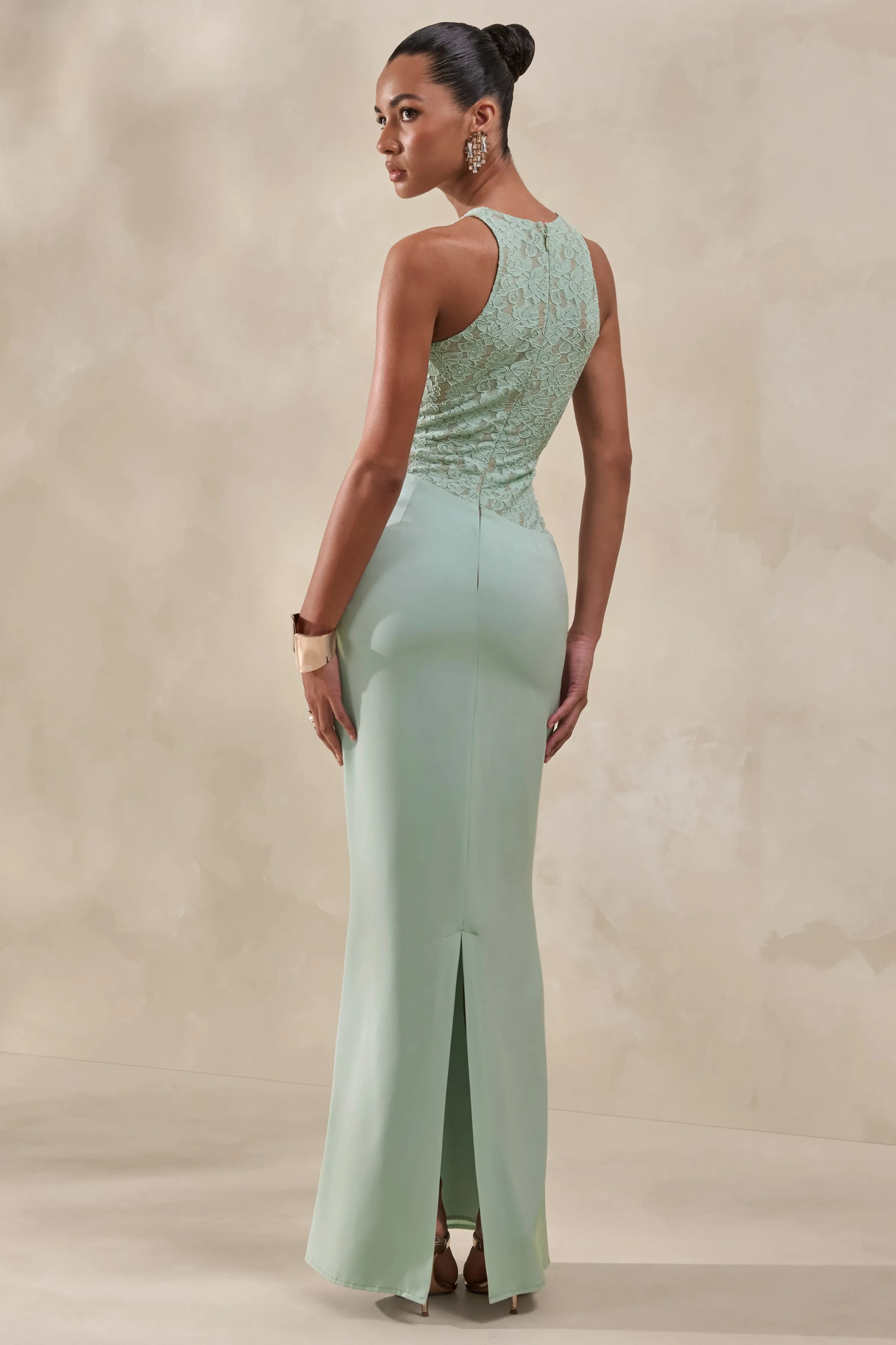 Anthelia | Mint Lace And Satin Racer-Neck Maxi Dress With Draped-Detail sold by Club L London product image thumbnail 2