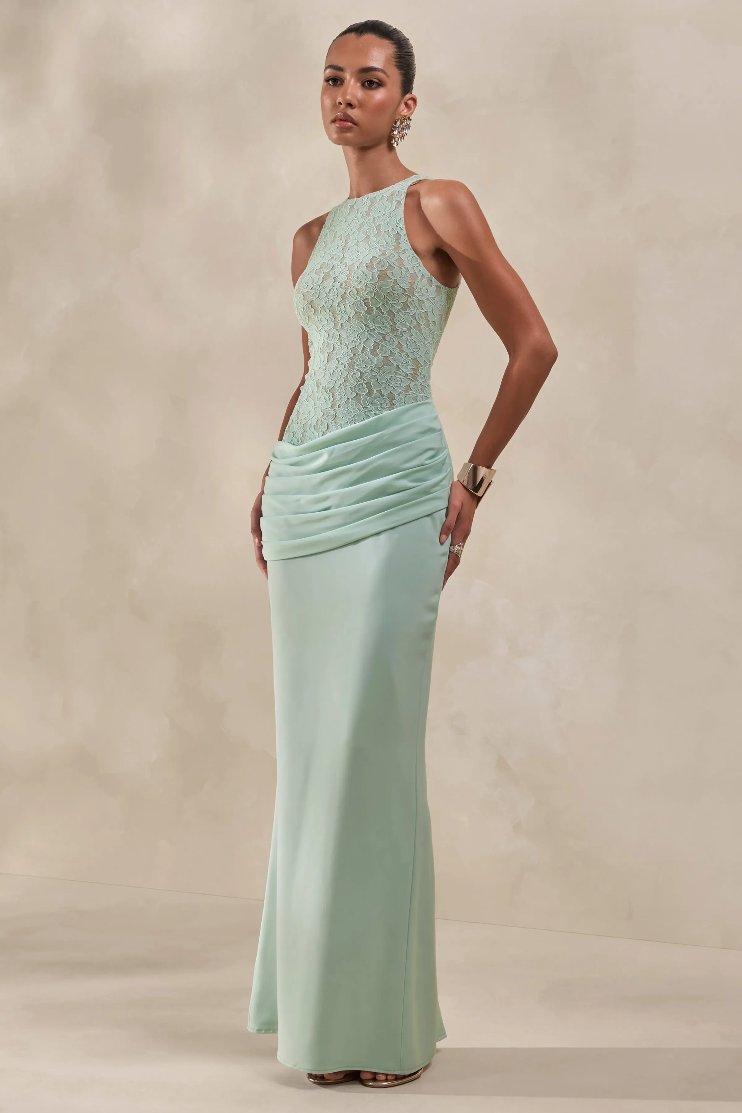 Anthelia | Mint Lace And Satin Racer-Neck Maxi Dress With Draped-Detail sold by Club L London product image thumbnail 4