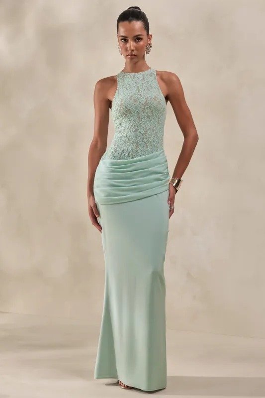 Anthelia | Mint Lace And Satin Racer-Neck Maxi Dress With Draped-Detail made by Club L London