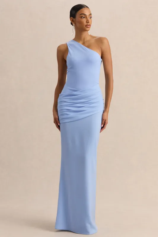 Arovia | Powder Blue Satin Asymmetric-Neck Maxi Dress With Draped-Detail made by Club L London