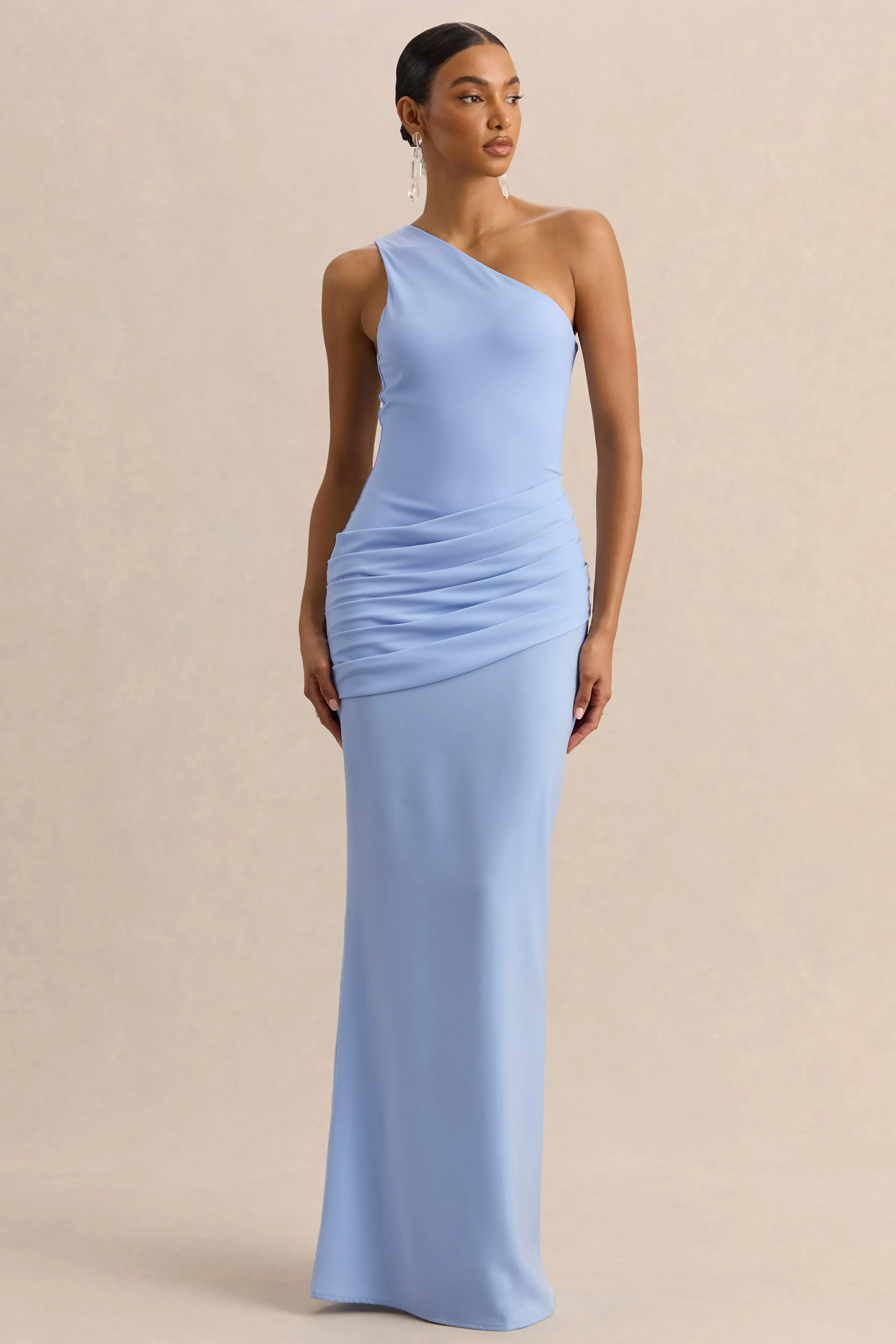 Arovia | Powder Blue Satin Asymmetric-Neck Maxi Dress With Draped-Detail sold by Club L London