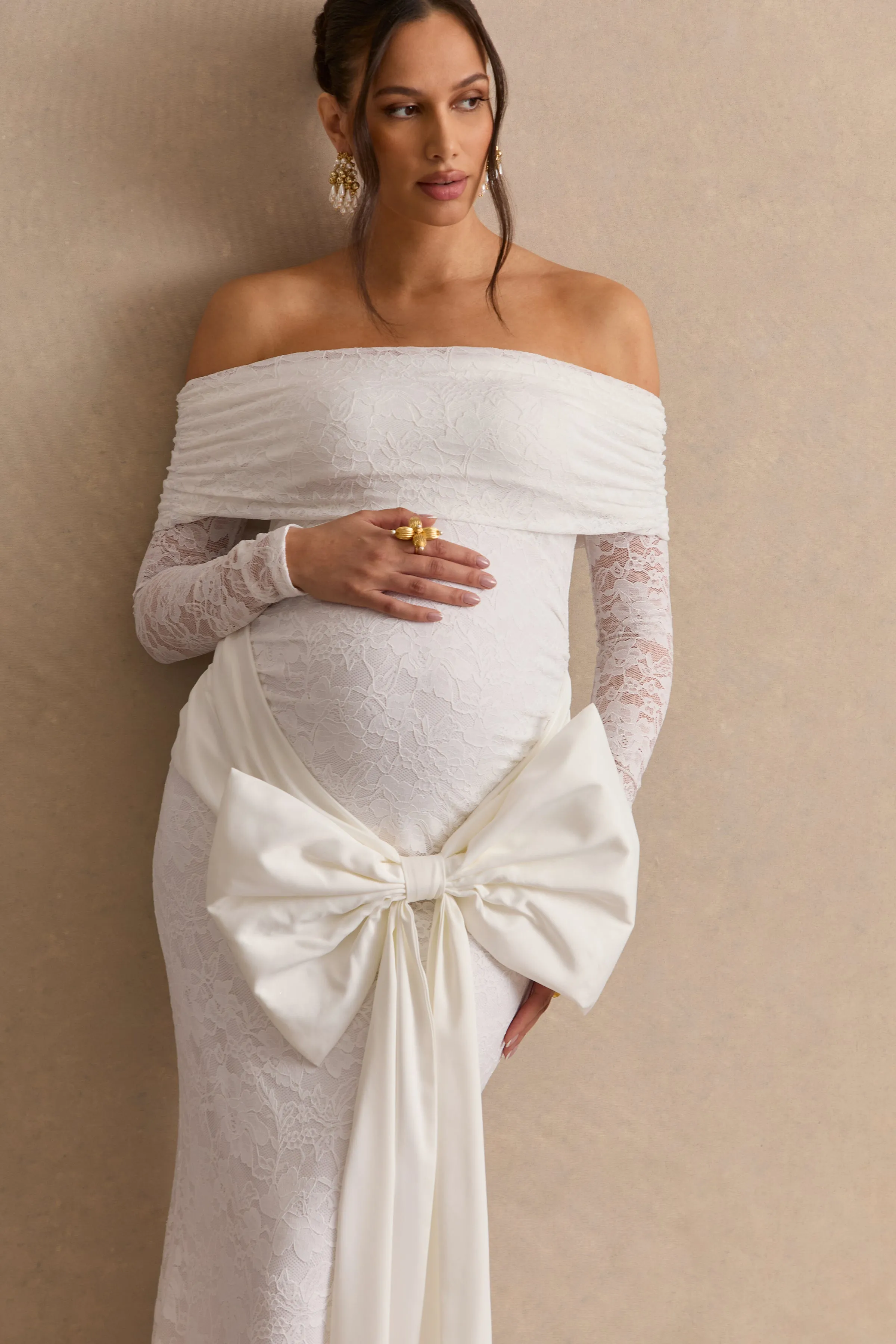 Solina | White Lace Bardot-Neck Maternity Maxi Dress With Bow Detail sold by Club L London product image thumbnail 3