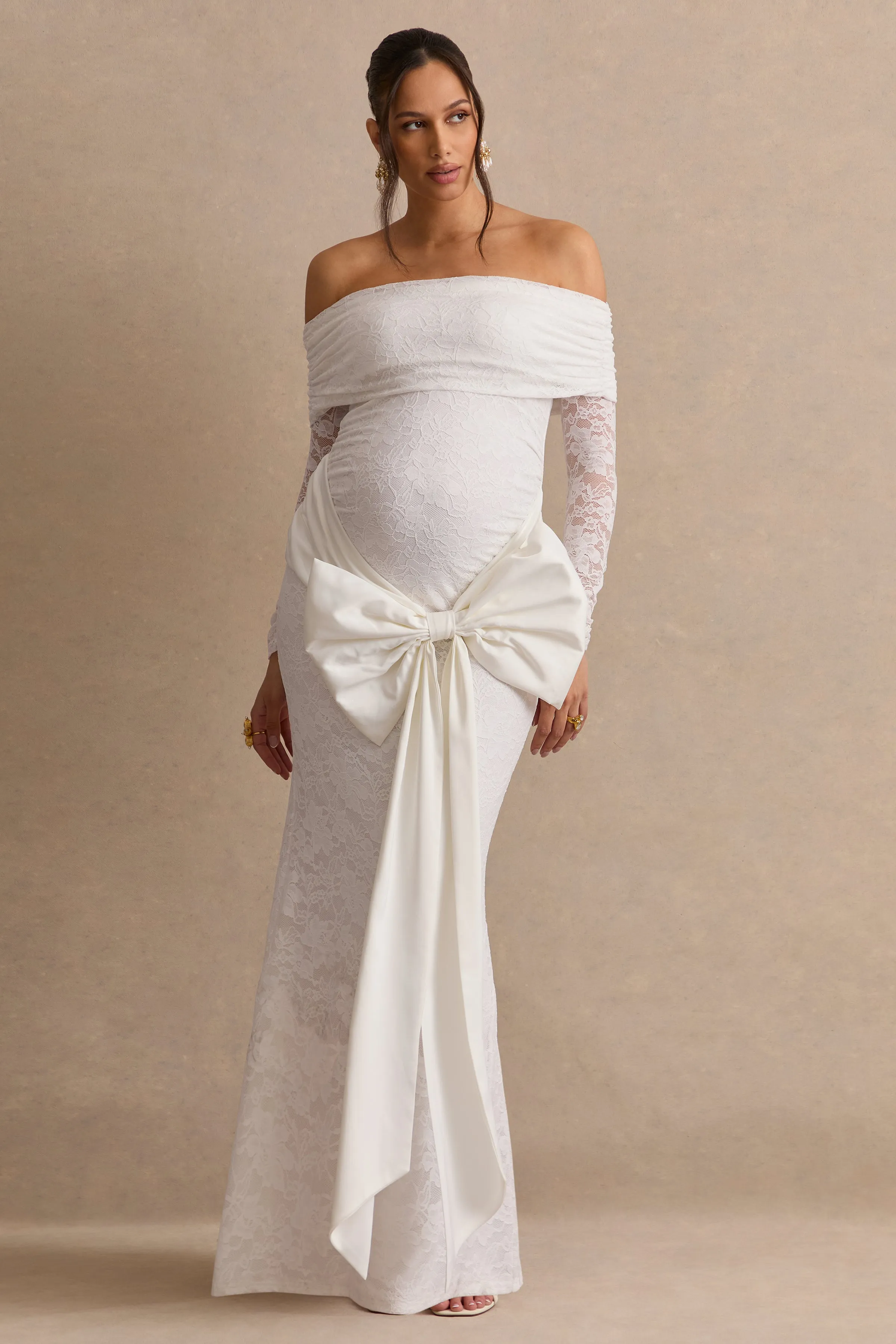 Solina | White Lace Bardot-Neck Maternity Maxi Dress With Bow Detail sold by Club L London product image thumbnail 4