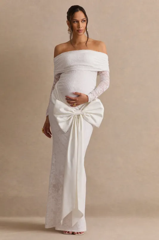 Solina | White Lace Bardot-Neck Maternity Maxi Dress With Bow Detail made by Club L London
