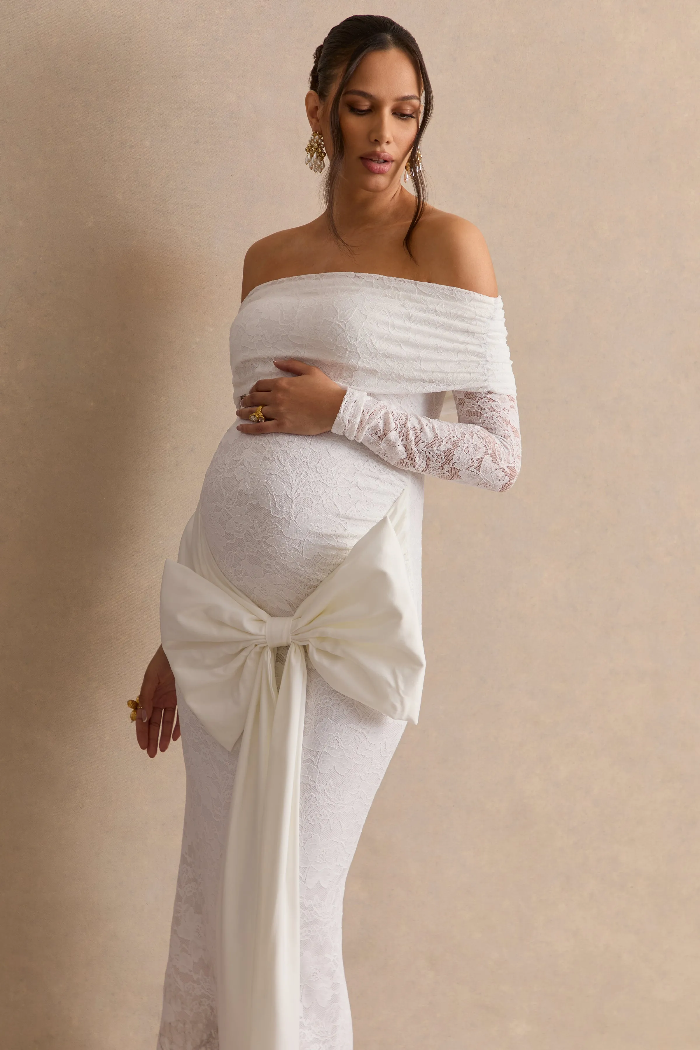 Solina | White Lace Bardot-Neck Maternity Maxi Dress With Bow Detail sold by Club L London product image thumbnail 5
