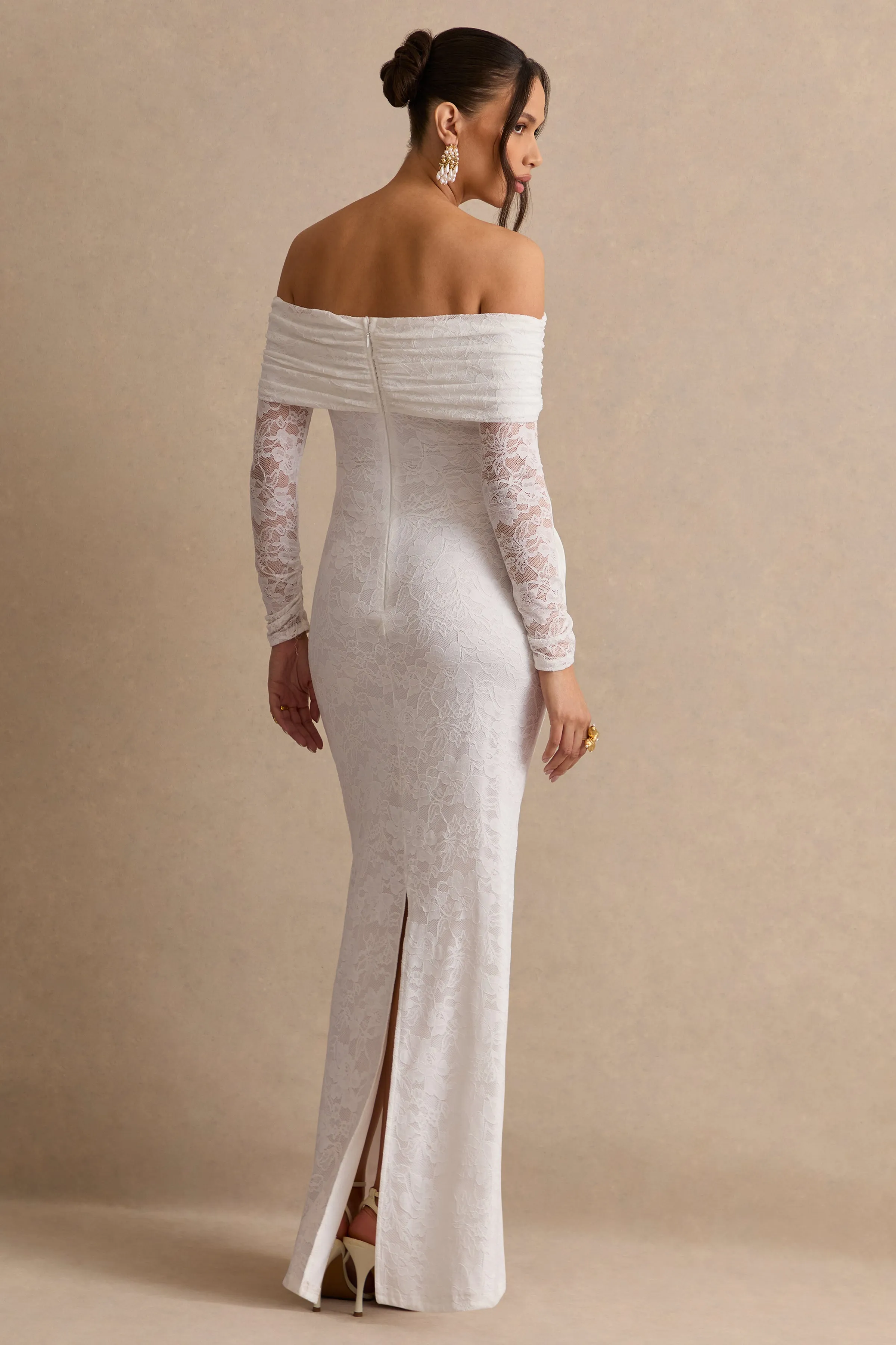 Solina | White Lace Bardot-Neck Maternity Maxi Dress With Bow Detail sold by Club L London product image thumbnail 2