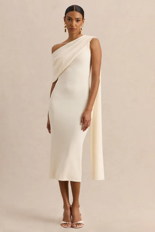 Madelisse | Cream Asymmetric-Neck Midi Dress With Sash made by Club L London