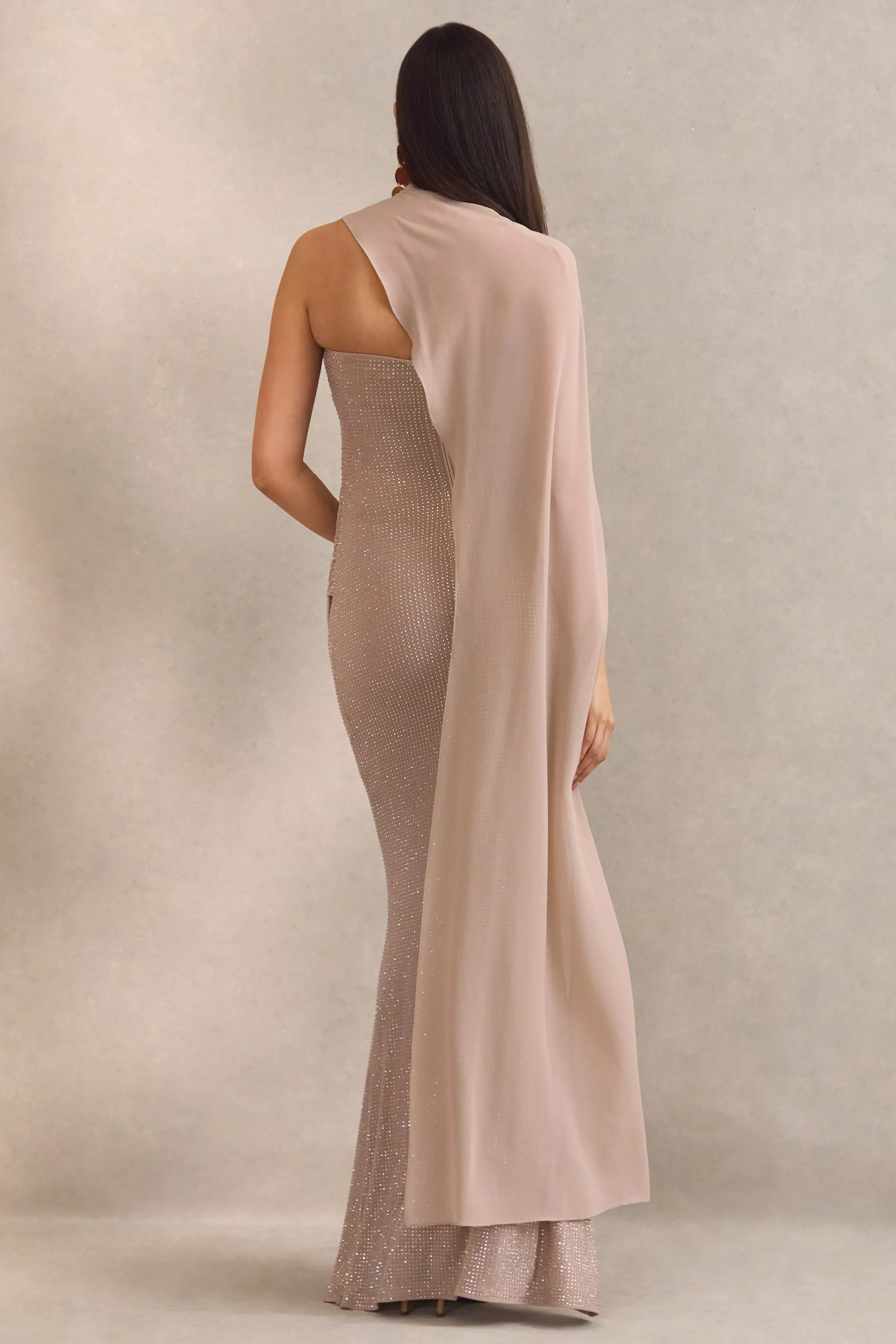 Ottoline | Champagne Asymmetric-Neck Maternity Maxi Dress With Sheer Cape Detail sold by Club L London product image thumbnail 2