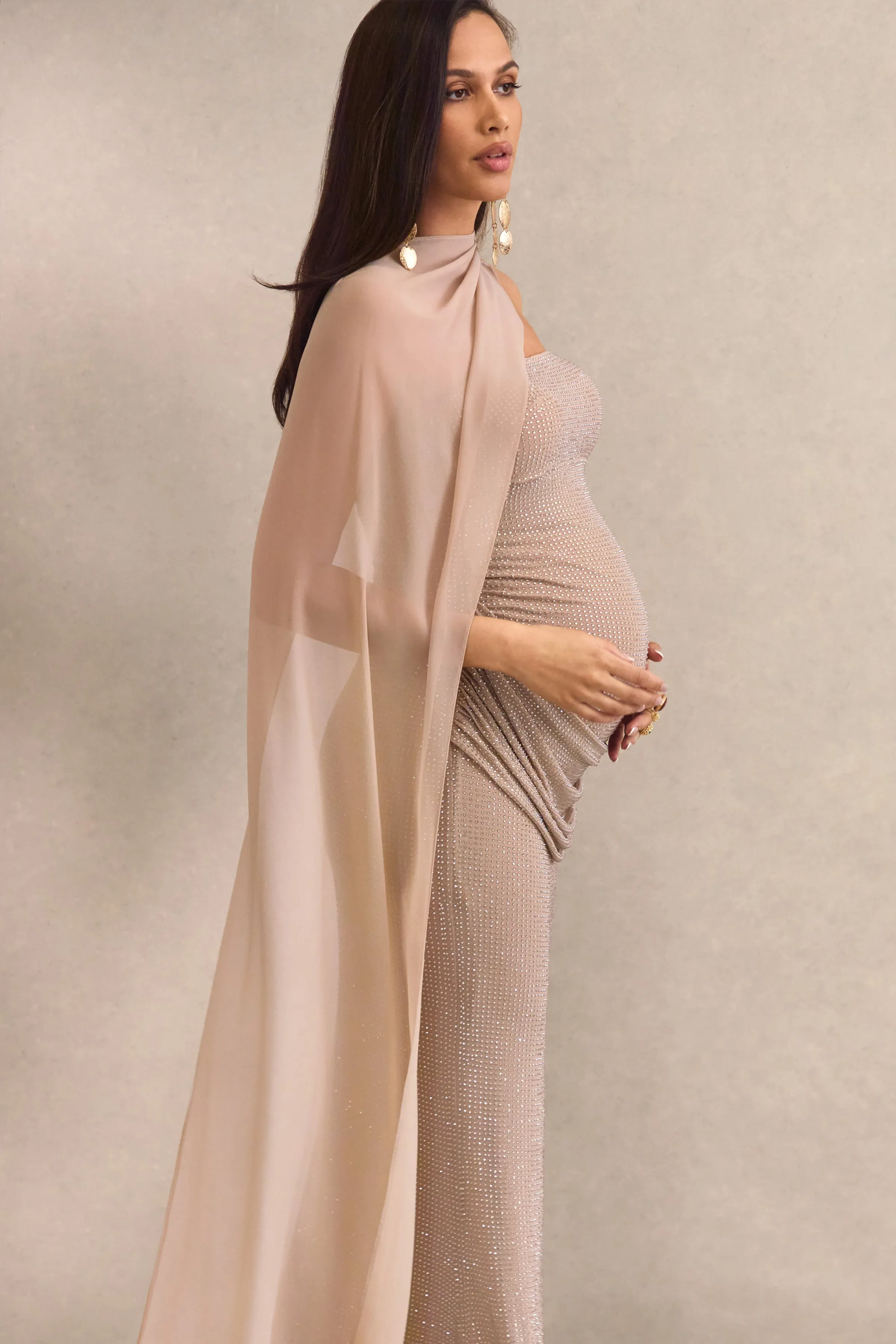 Ottoline | Champagne Asymmetric-Neck Maternity Maxi Dress With Sheer Cape Detail sold by Club L London product image thumbnail 3