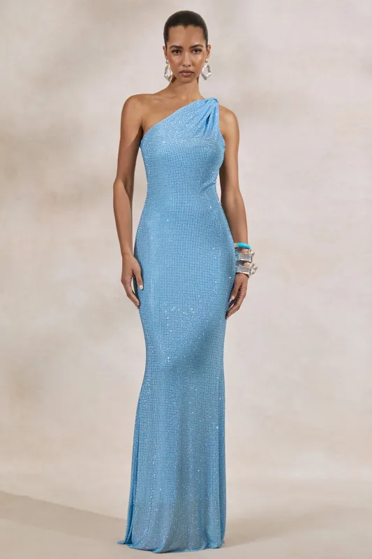Deity | Powder Blue Embellished Asymmetric-Neck Maxi Dress With Open-Back made by Club L London