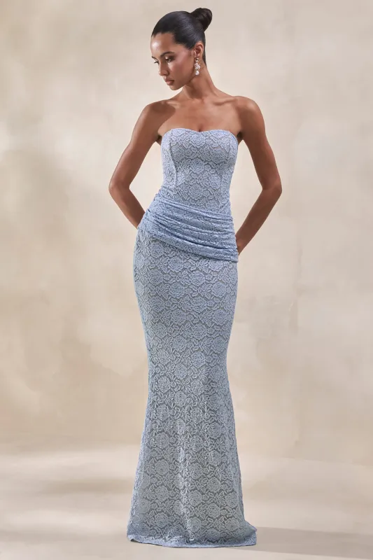 Viara | Powder Blue Lace Maxi Skirt With Draped-Detailing made by Club L London