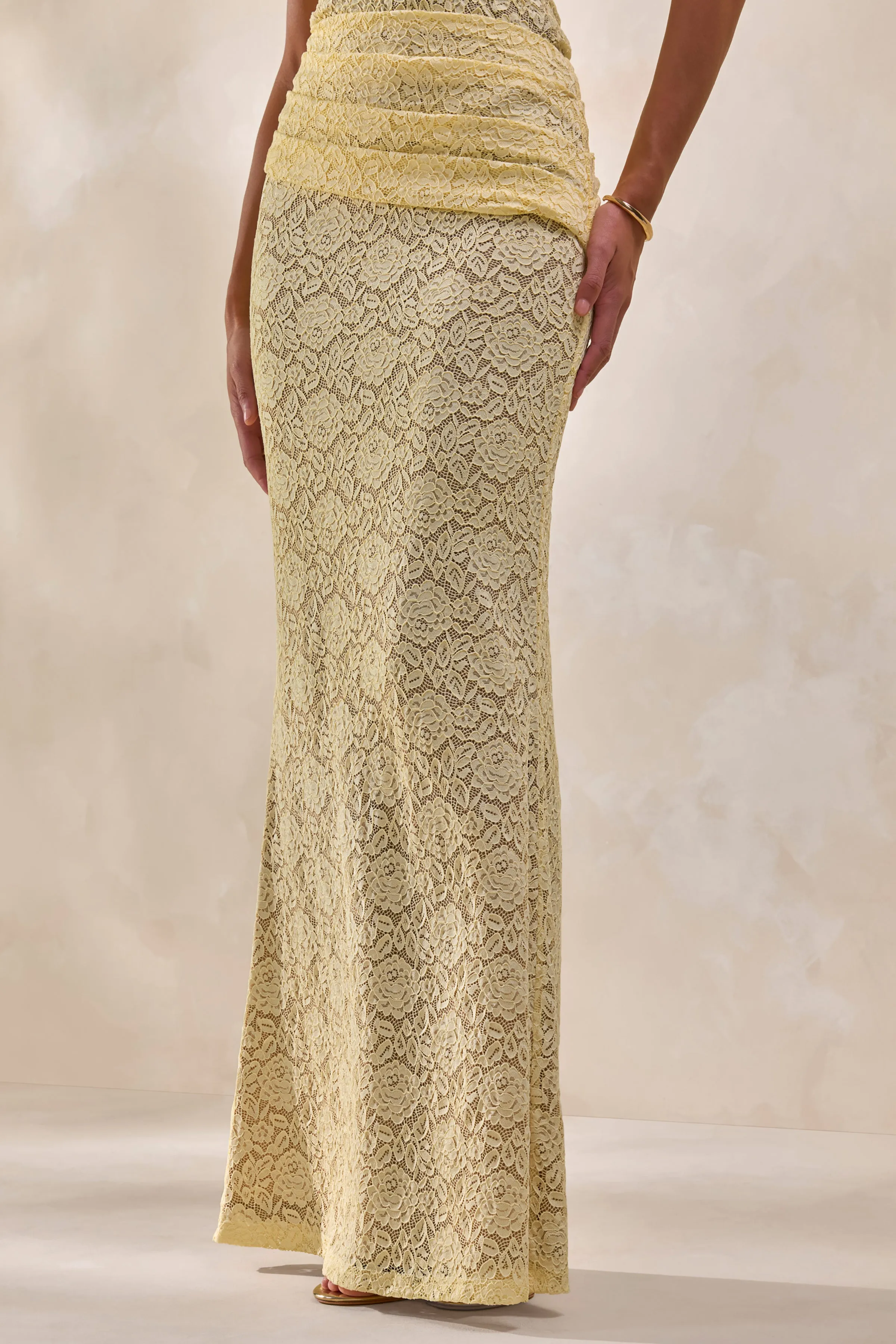 Viara | Lemon Lace Maxi Skirt With Draped-Detailing sold by Club L London product image thumbnail 3
