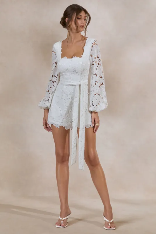 Korinna | White Lace Square-Neck Playsuit With Belt Detail made by Club L London