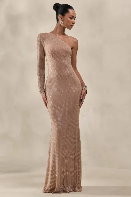 Laurine | Nude Hotfix Asymmetric-Neck Maxi Dress made by Club L London