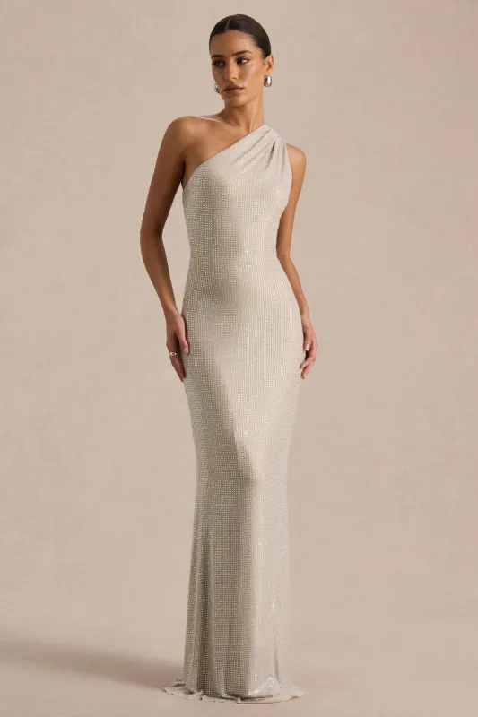 Deity | Silver Hotfix Asymmetric-Neck Maxi Dress With Open-Back made by Club L London