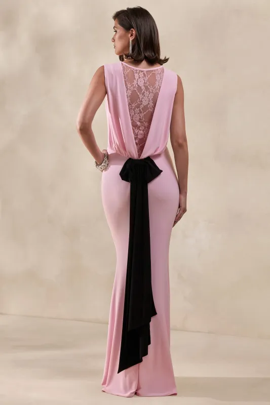 Elladine | Pink Round-Neck Maxi Dress With Lace-Back And Bow-Detail made by Club L London