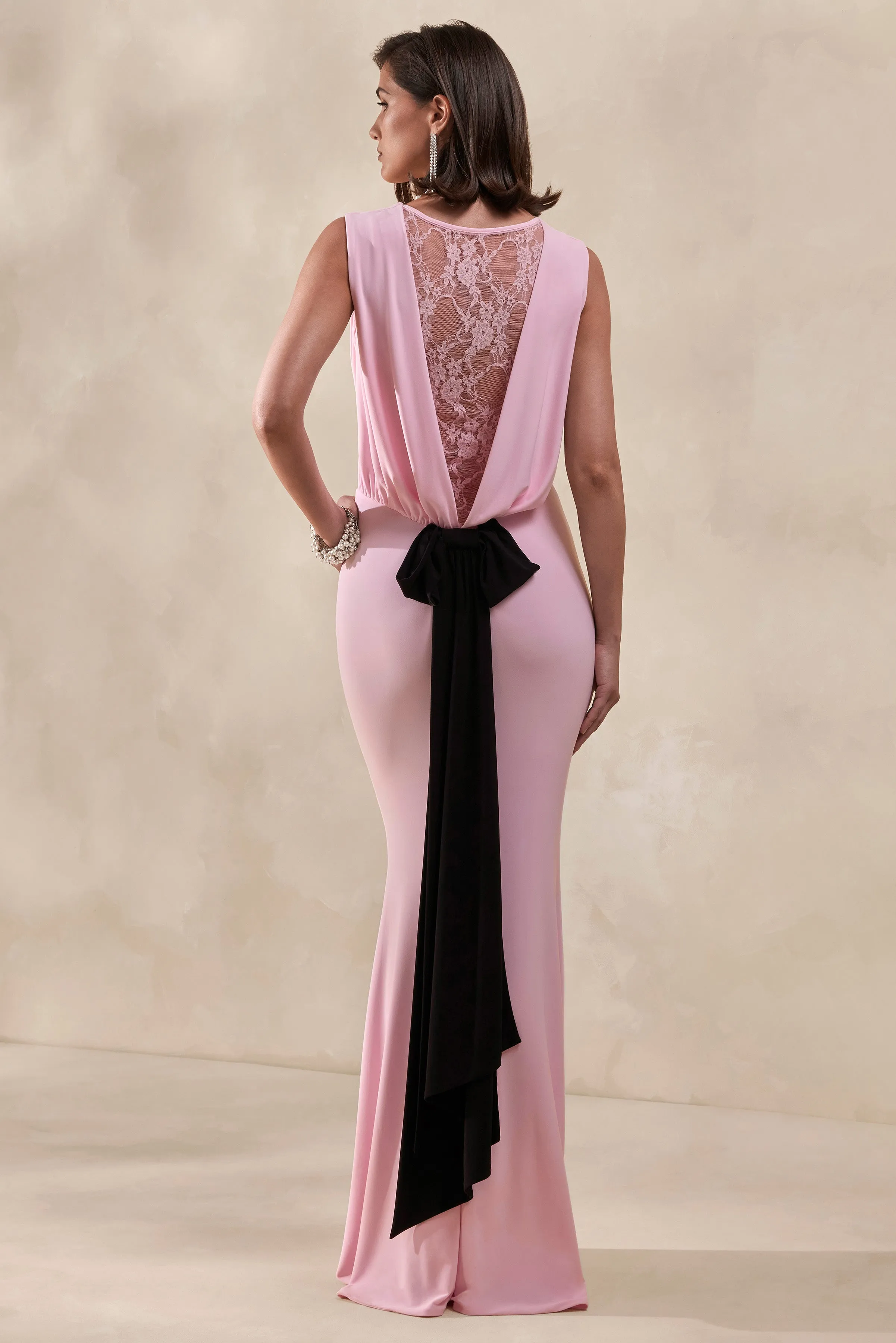 Elladine | Pink Round-Neck Maxi Dress With Lace-Back And Bow-Detail sold by Club L London