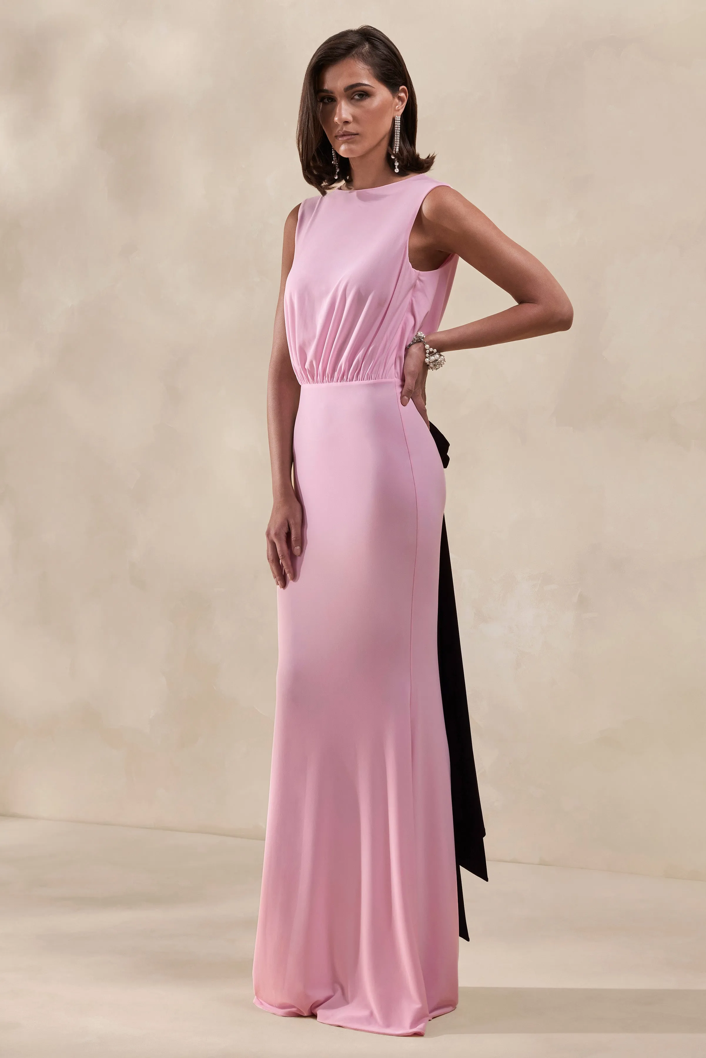 Elladine | Pink Round-Neck Maxi Dress With Lace-Back And Bow-Detail sold by Club L London product image thumbnail 4