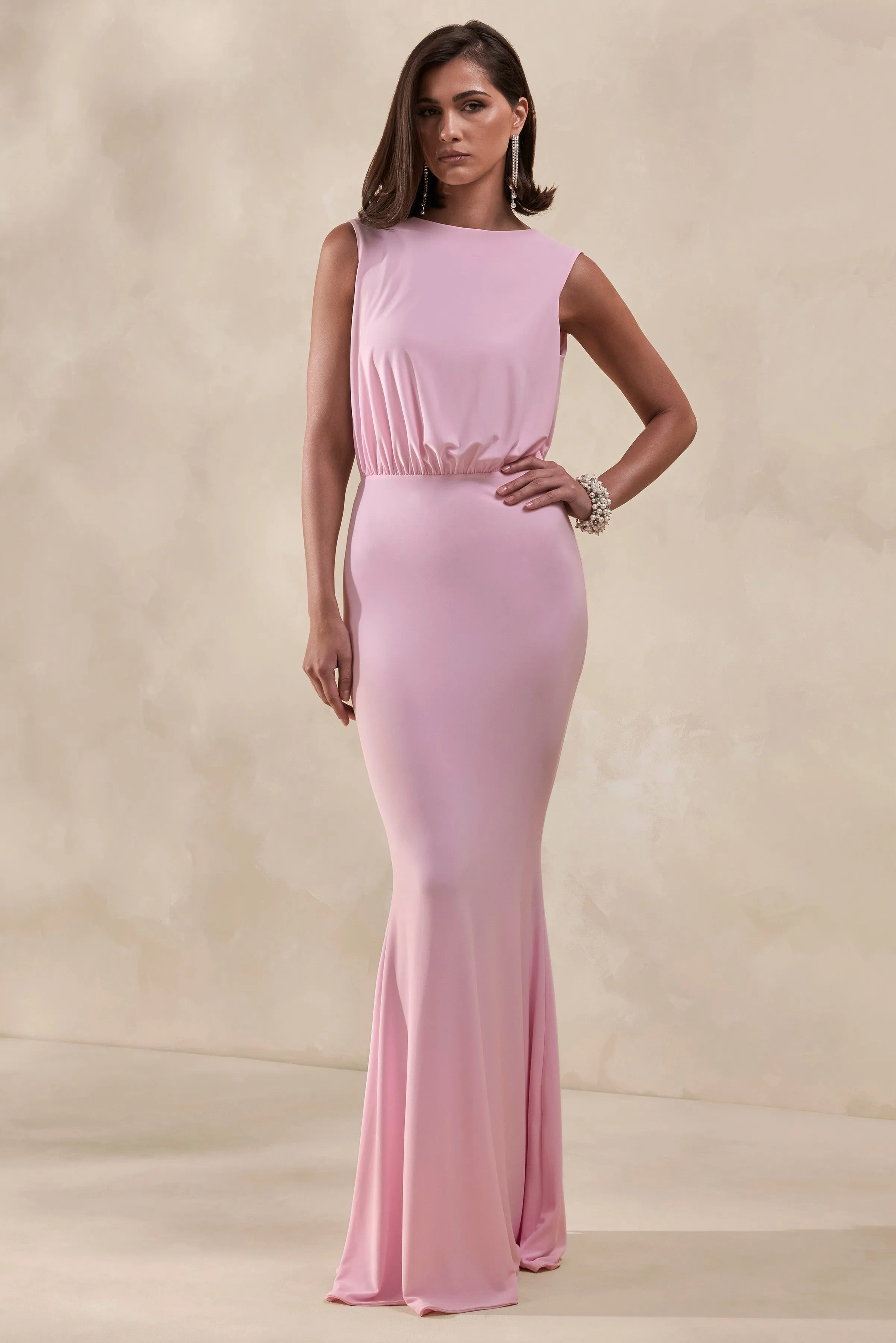 Elladine | Pink Round-Neck Maxi Dress With Lace-Back And Bow-Detail sold by Club L London product image thumbnail 2