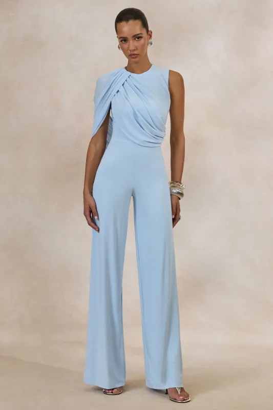 Opulence | Light Blue Jumpsuit With Cape Sleeve and Draped Details made by Club L London