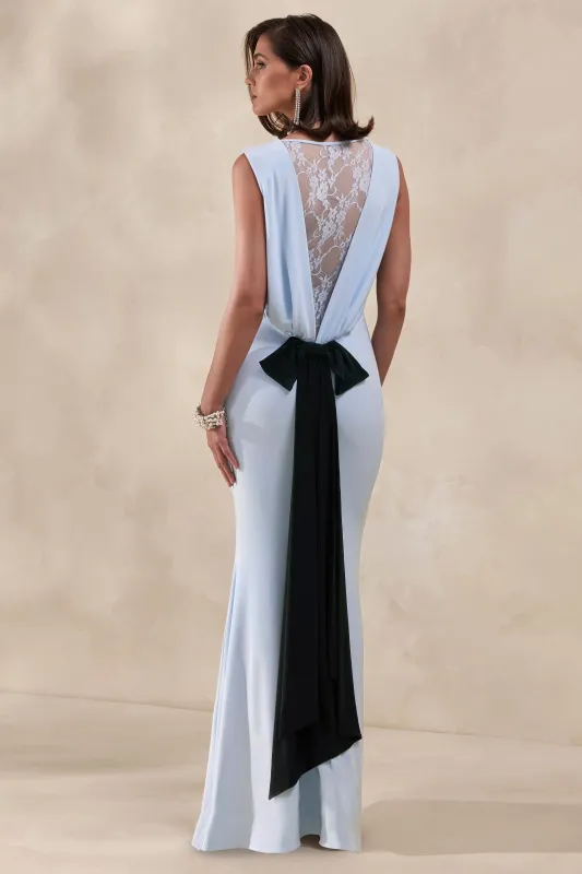 Elladine | Powder Blue Round-Neck Maxi Dress With Lace-Back And Bow-Detail made by Club L London