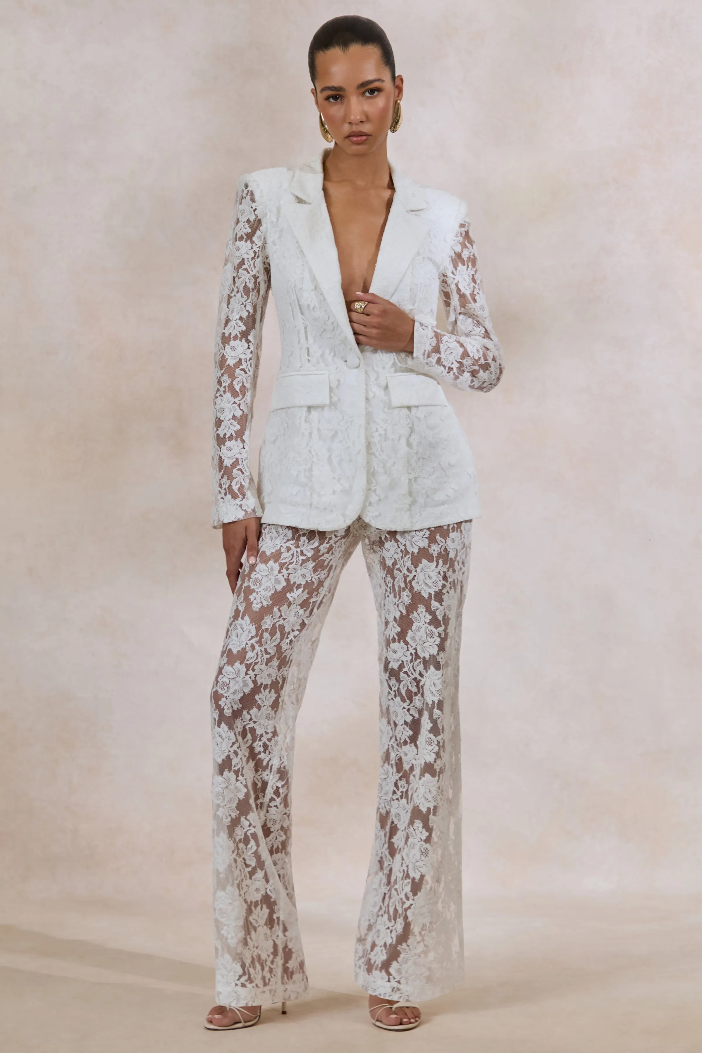 Viloria | White Lace Wide-Leg Trousers sold by Club L London product image thumbnail 5