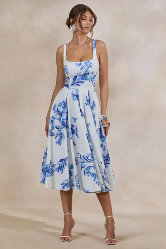 Lissa | Blue Floral Print Square-Neck Midi Dress made by Club L London