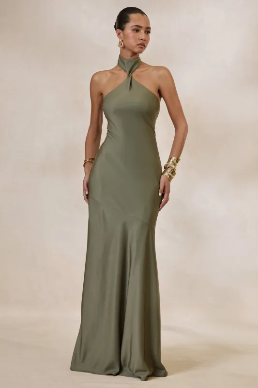 Bellora | Khaki Satin Halter-Neck Maxi Dress With Scarf-Detail made by Club L London