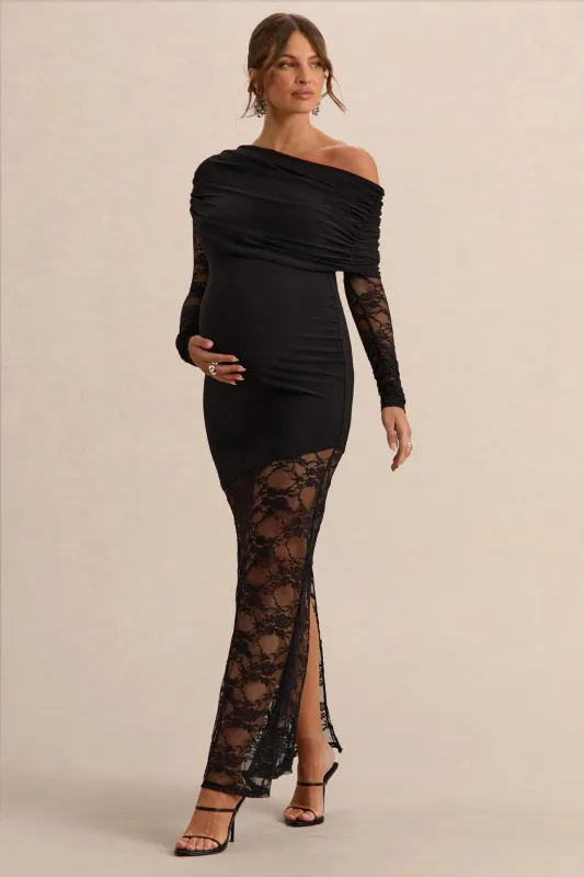 Giuliana | Black Asymmetric-Neck Maternity Maxi Dress With Lace Detailing made by Club L London