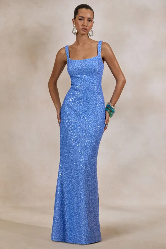 Lucelle | Powder Blue Sequin Scoop-Neck Maxi Dress made by Club L London