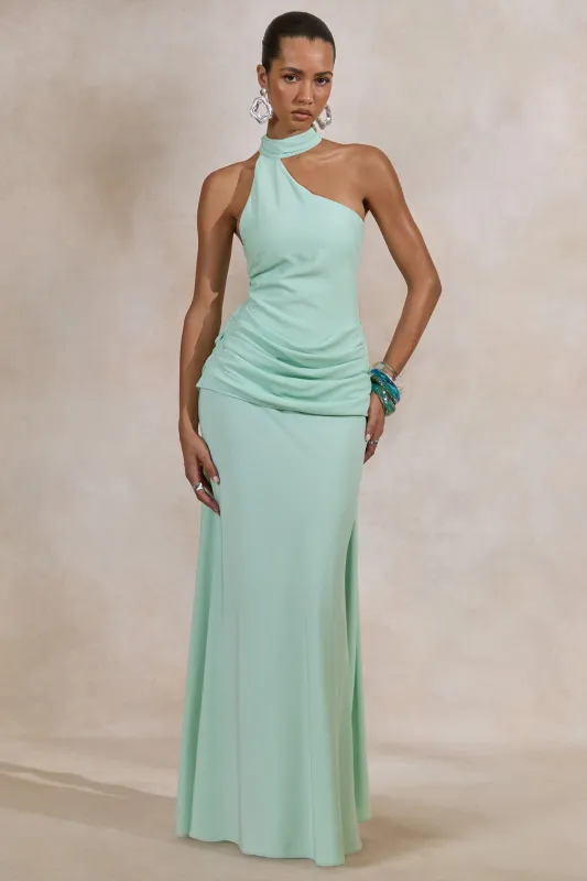 Aevina | Mint Satin Asymmetric-Neck Maxi Dress With Scarf-Detail made by Club L London