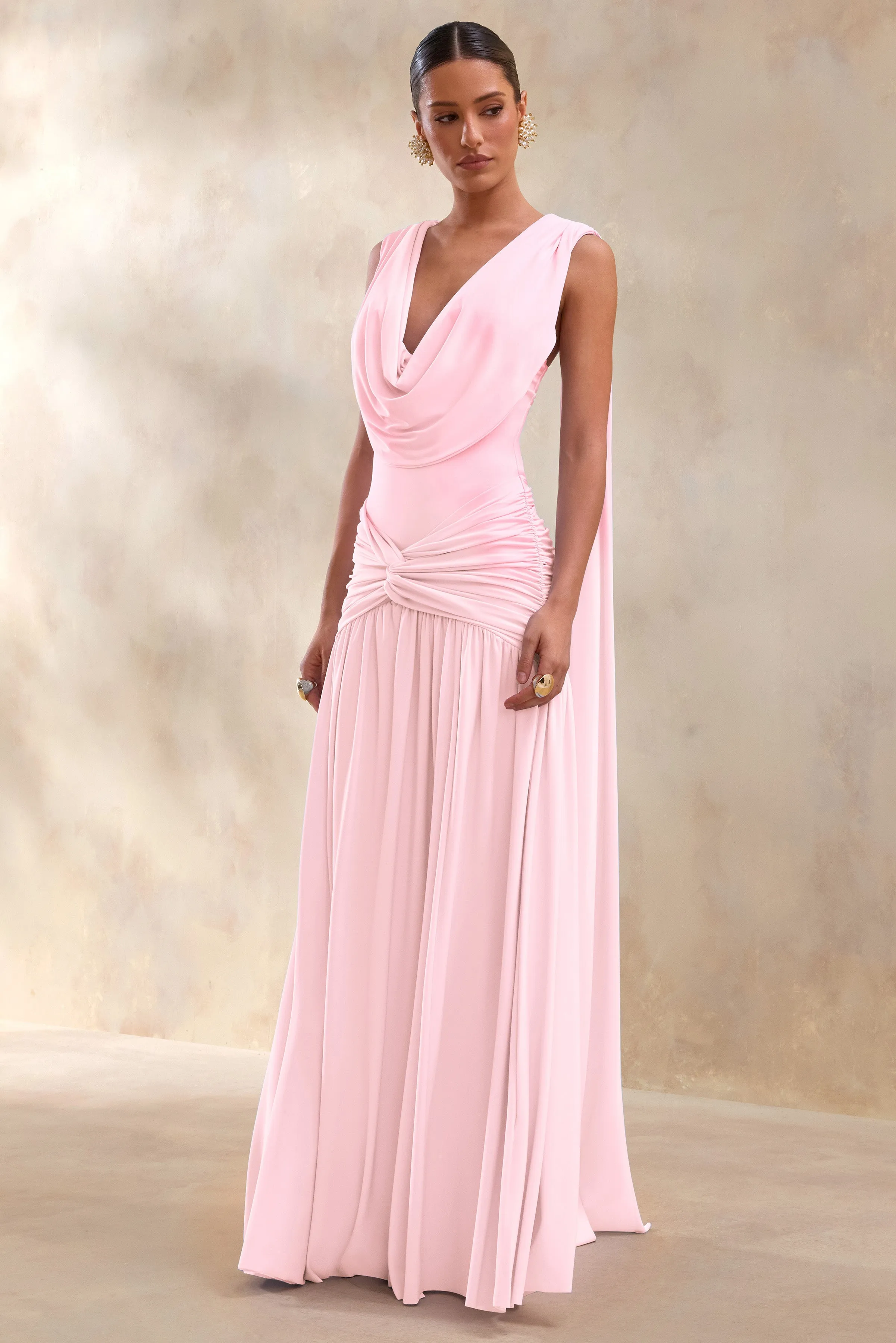 Amelisse | Light Pink Plunge-Neck Maxi Dress With Ruched-Detailing sold by Club L London product image thumbnail 5