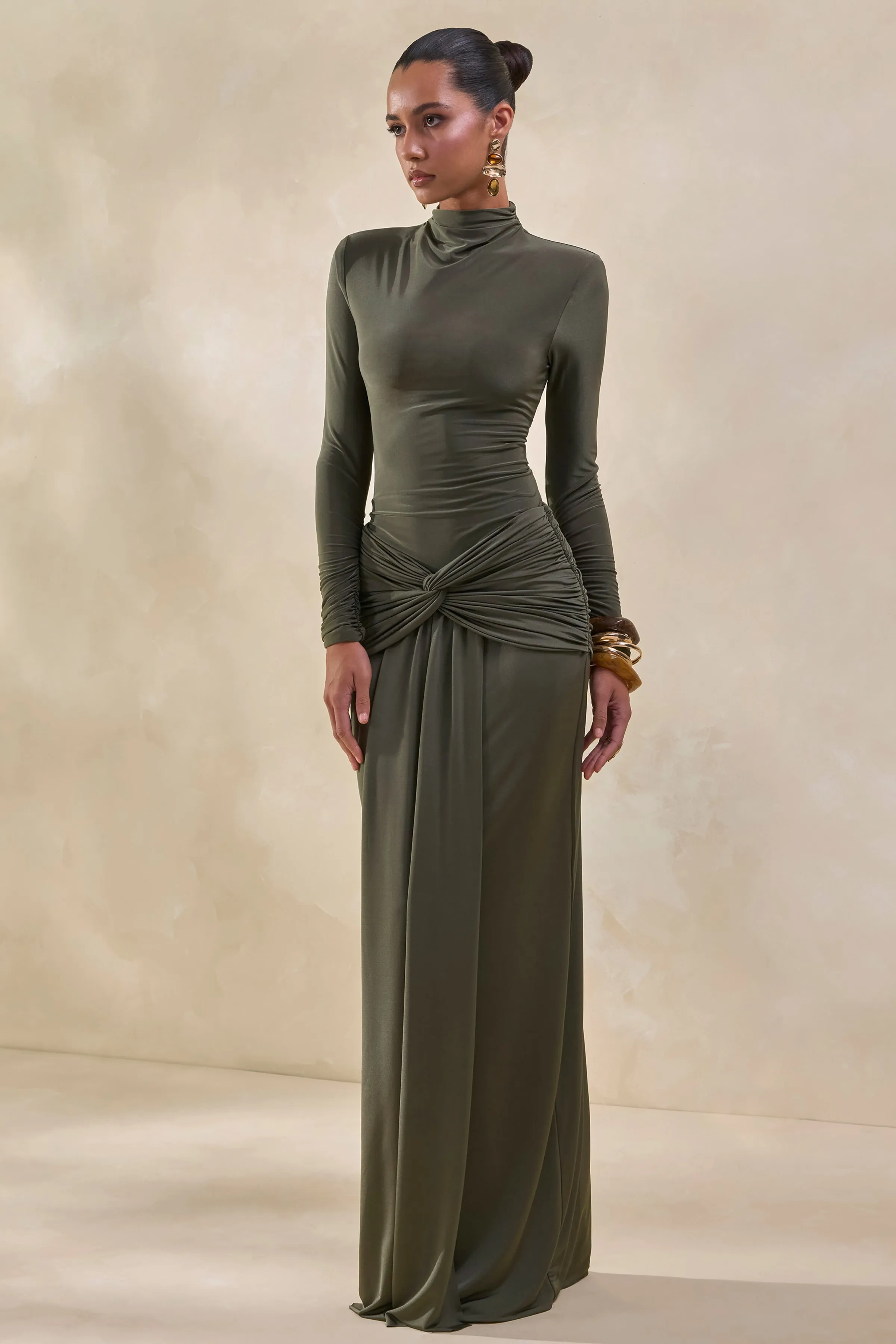 Theria | Khaki Maxi Skirt With Gathering And Knot Detail sold by Club L London product image thumbnail 5