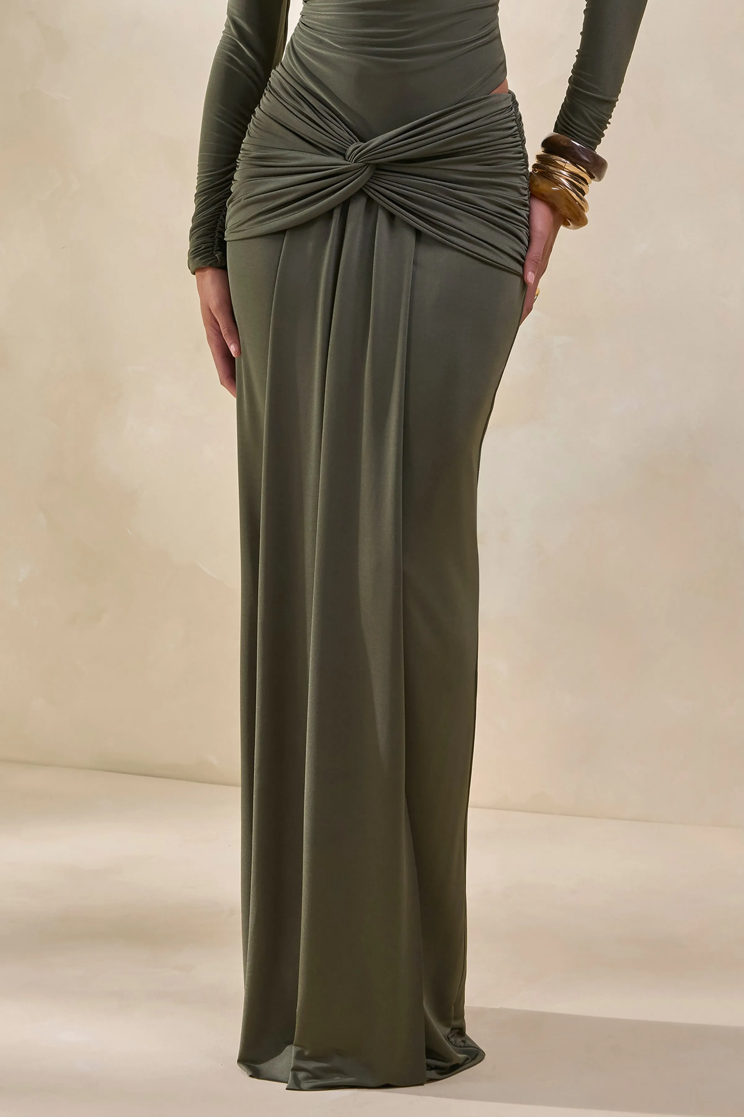 Theria | Khaki Maxi Skirt With Gathering And Knot Detail sold by Club L London product image thumbnail 3