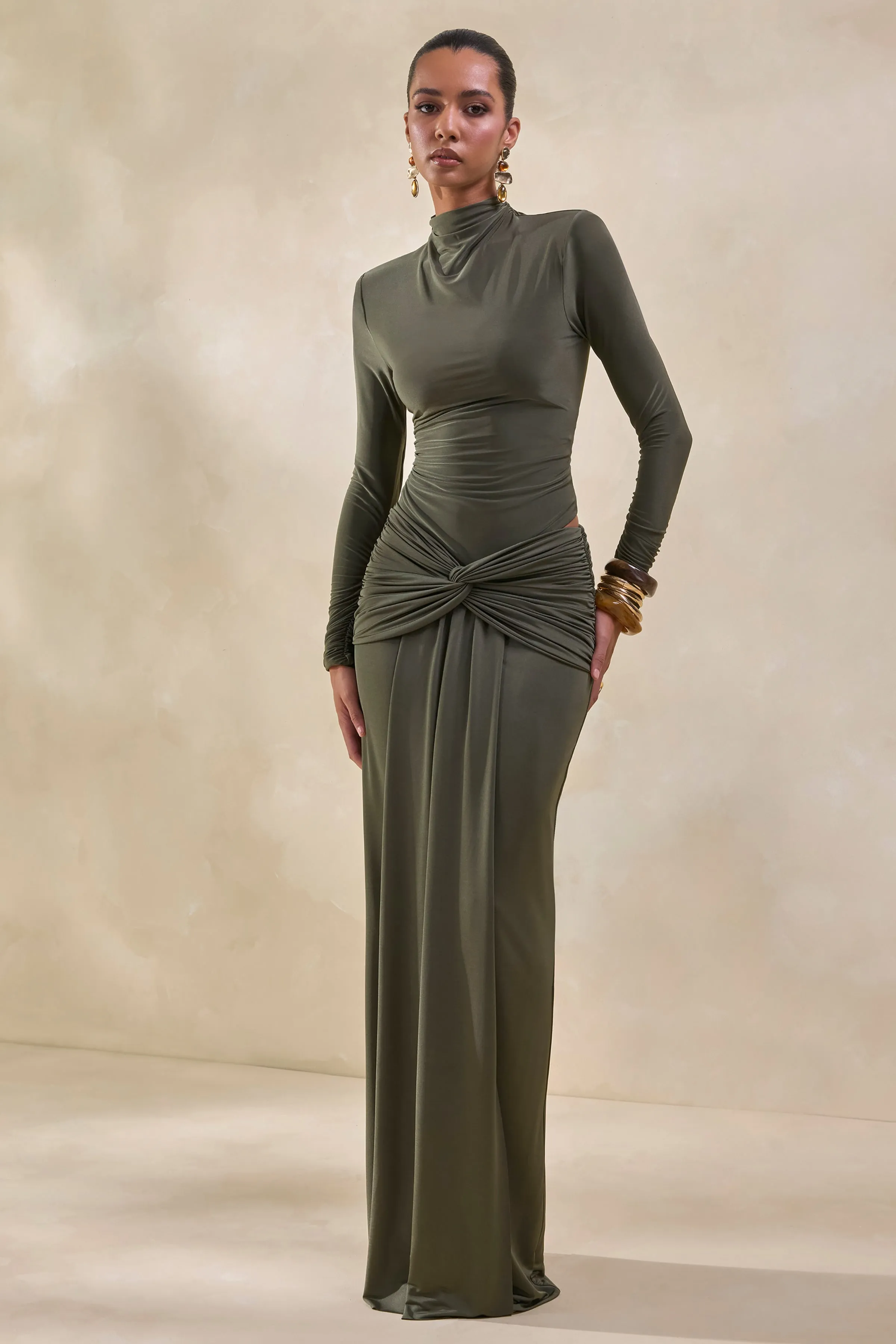 Theria | Khaki Maxi Skirt With Gathering And Knot Detail sold by Club L London