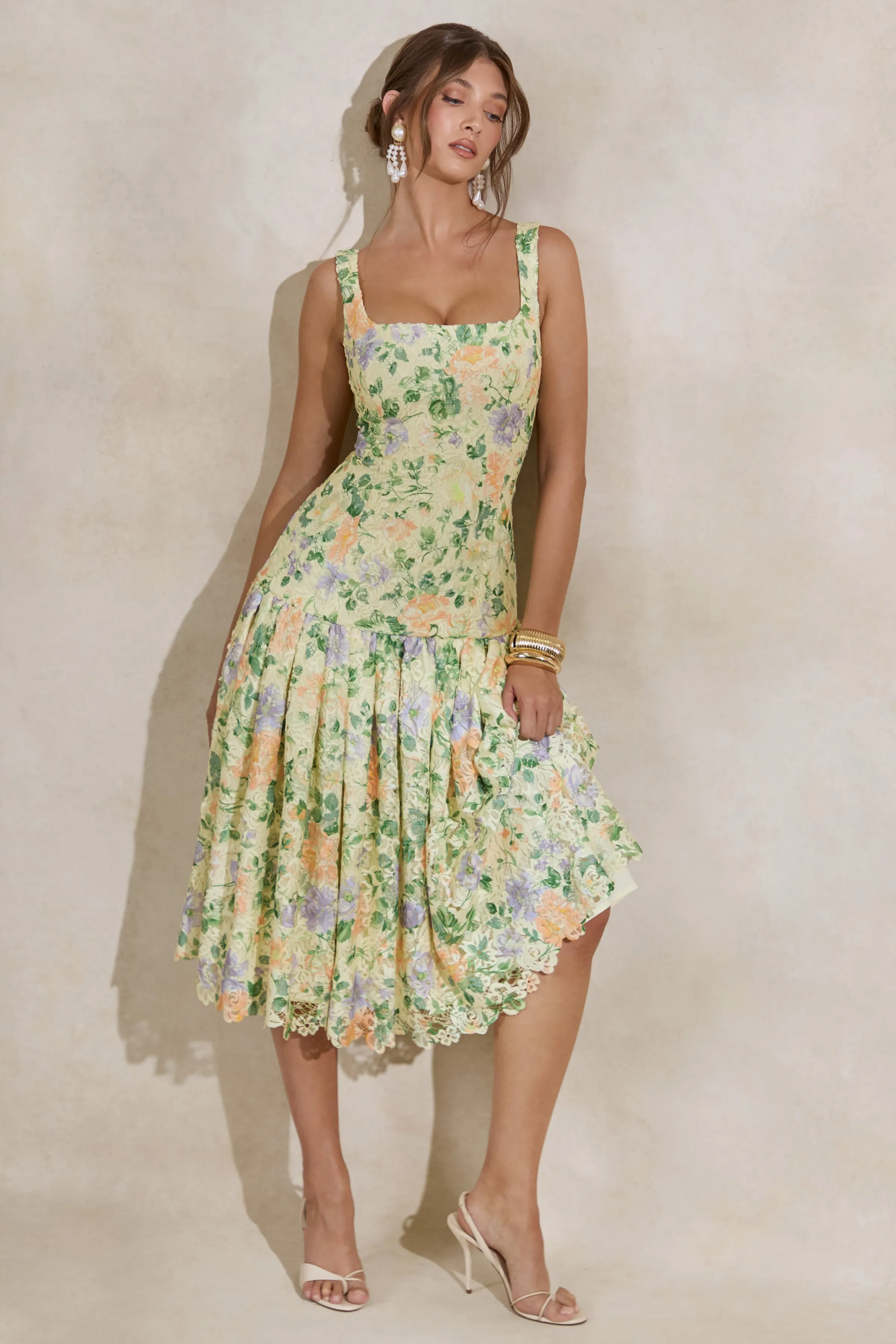 Lumara | Lemon Floral Print Lace Square-Neck Midi Dress With Drop Waist sold by Club L London product image thumbnail 5