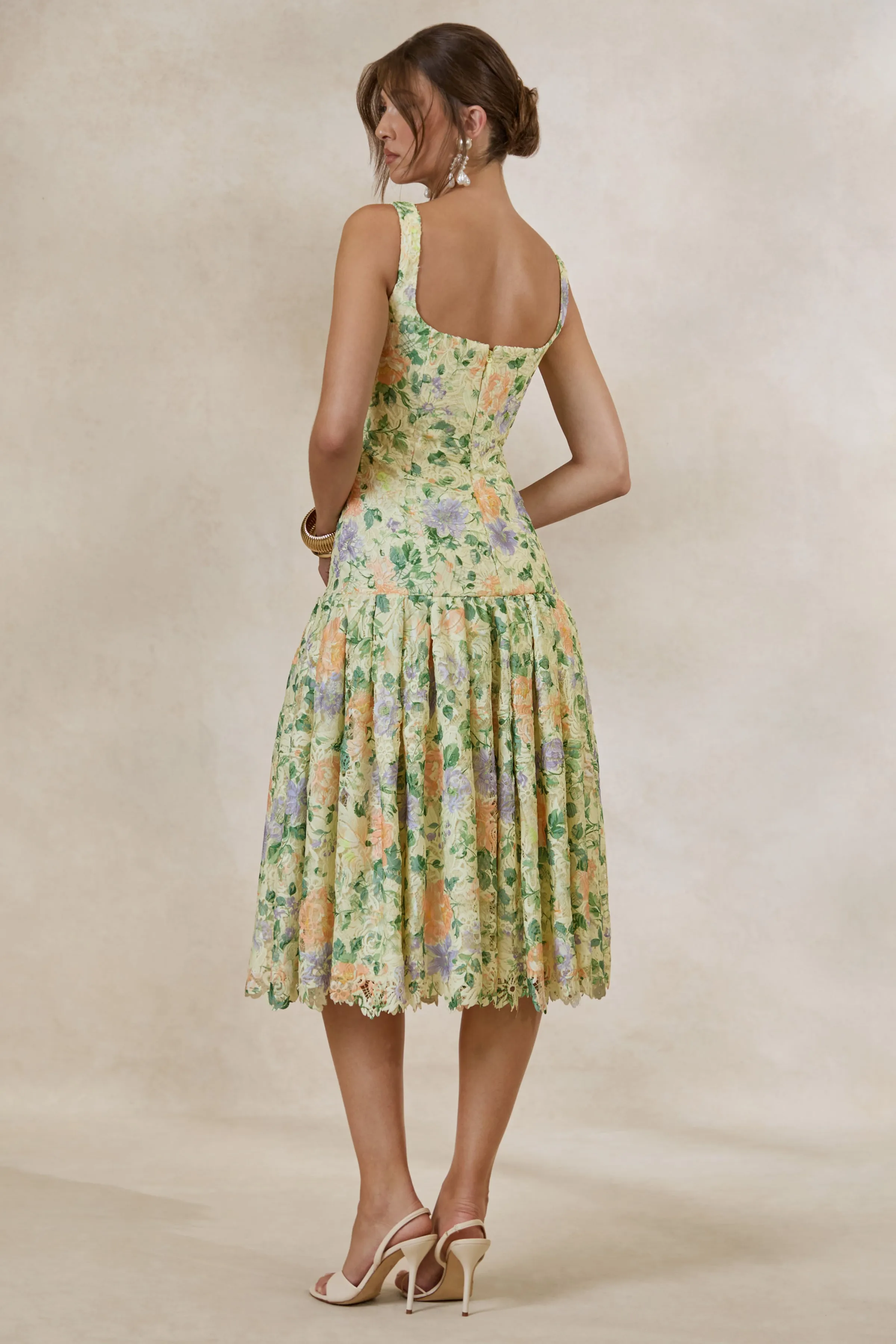 Lumara | Lemon Floral Print Lace Square-Neck Midi Dress With Drop Waist sold by Club L London product image thumbnail 2