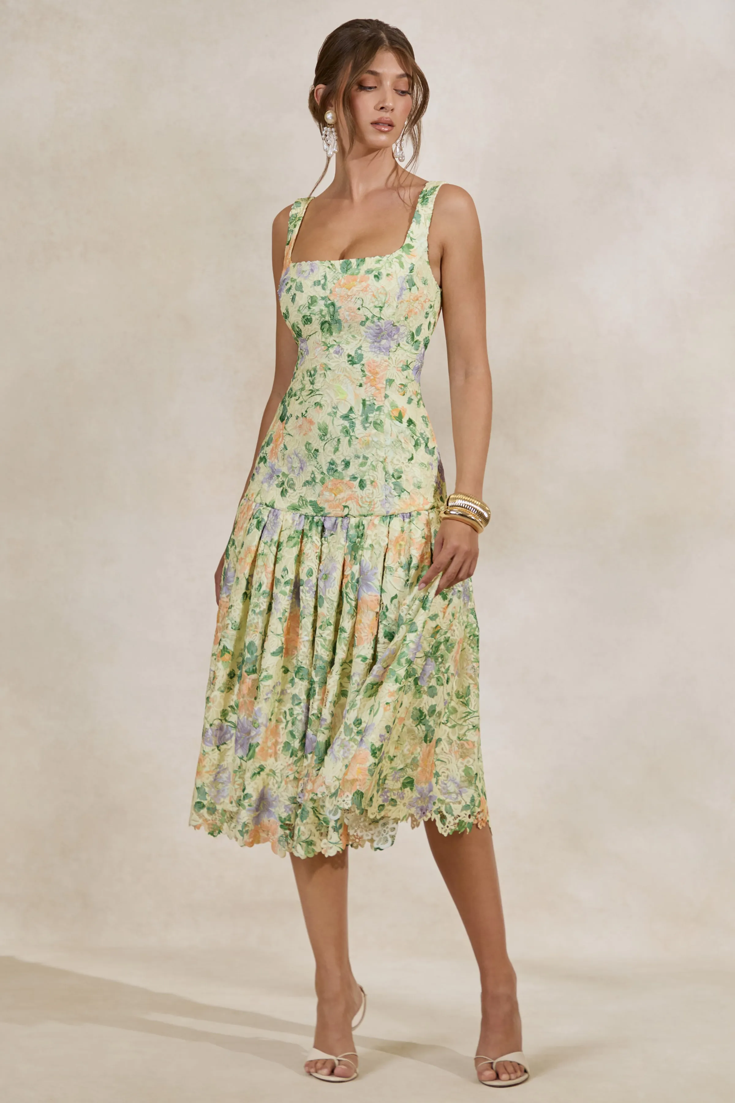 Lumara | Lemon Floral Print Lace Square-Neck Midi Dress With Drop Waist sold by Club L London product image thumbnail 4