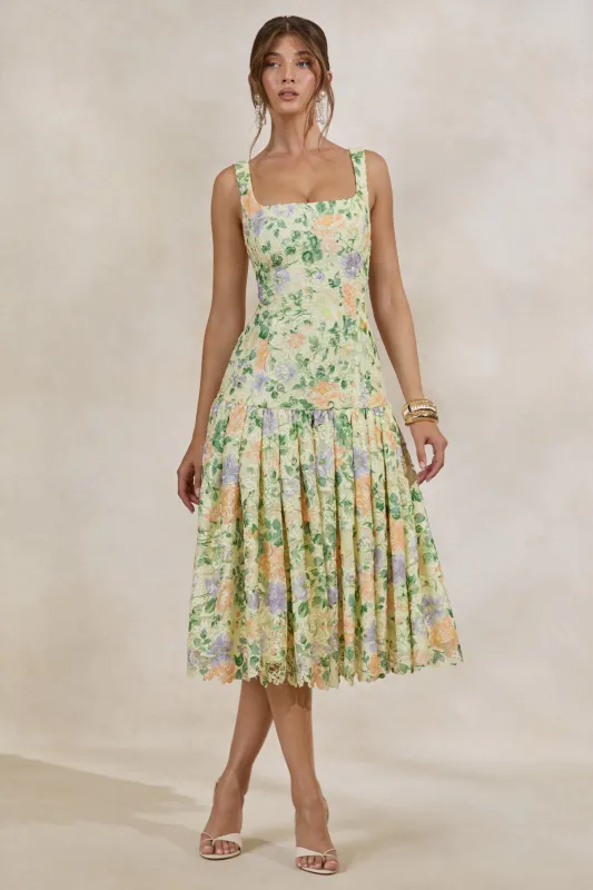 Lumara | Lemon Floral Print Lace Square-Neck Midi Dress With Drop Waist made by Club L London