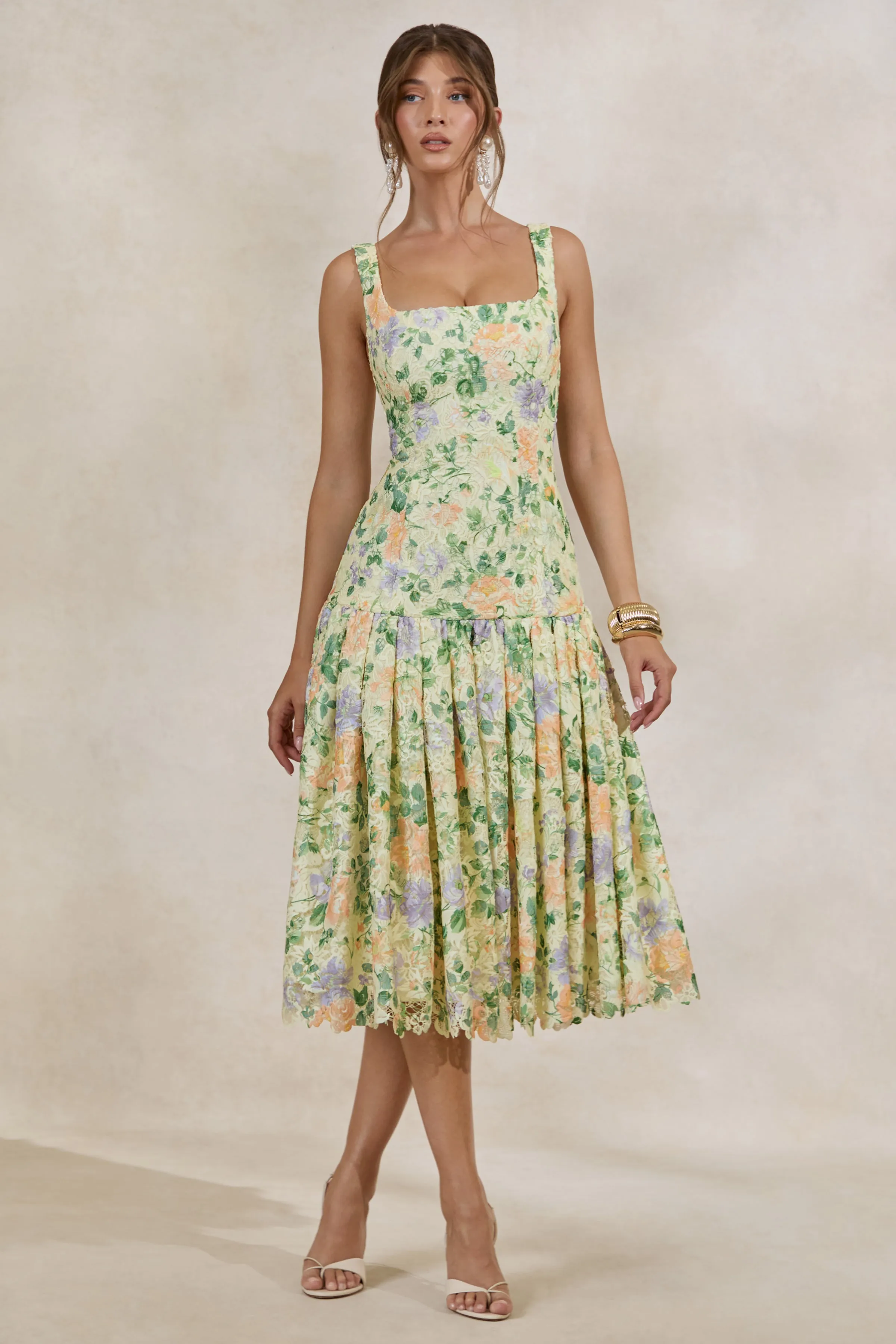 Lumara | Lemon Floral Print Lace Square-Neck Midi Dress With Drop Waist sold by Club L London
