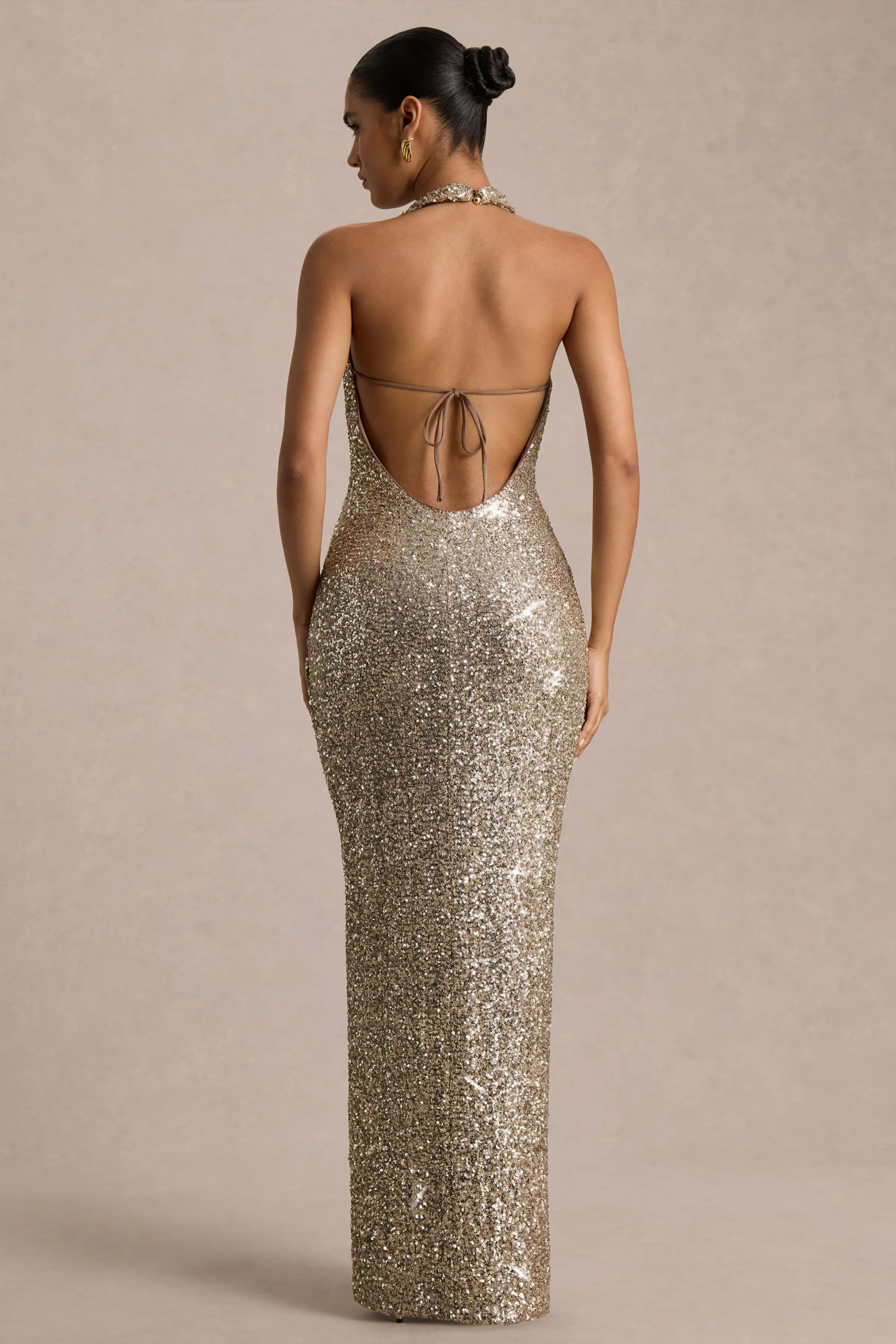 Gio | Champagne Sequin Plunge-Neck Wrap Maxi Dress With Ruched Detailing And Front Split sold by Club L London product image thumbnail 2