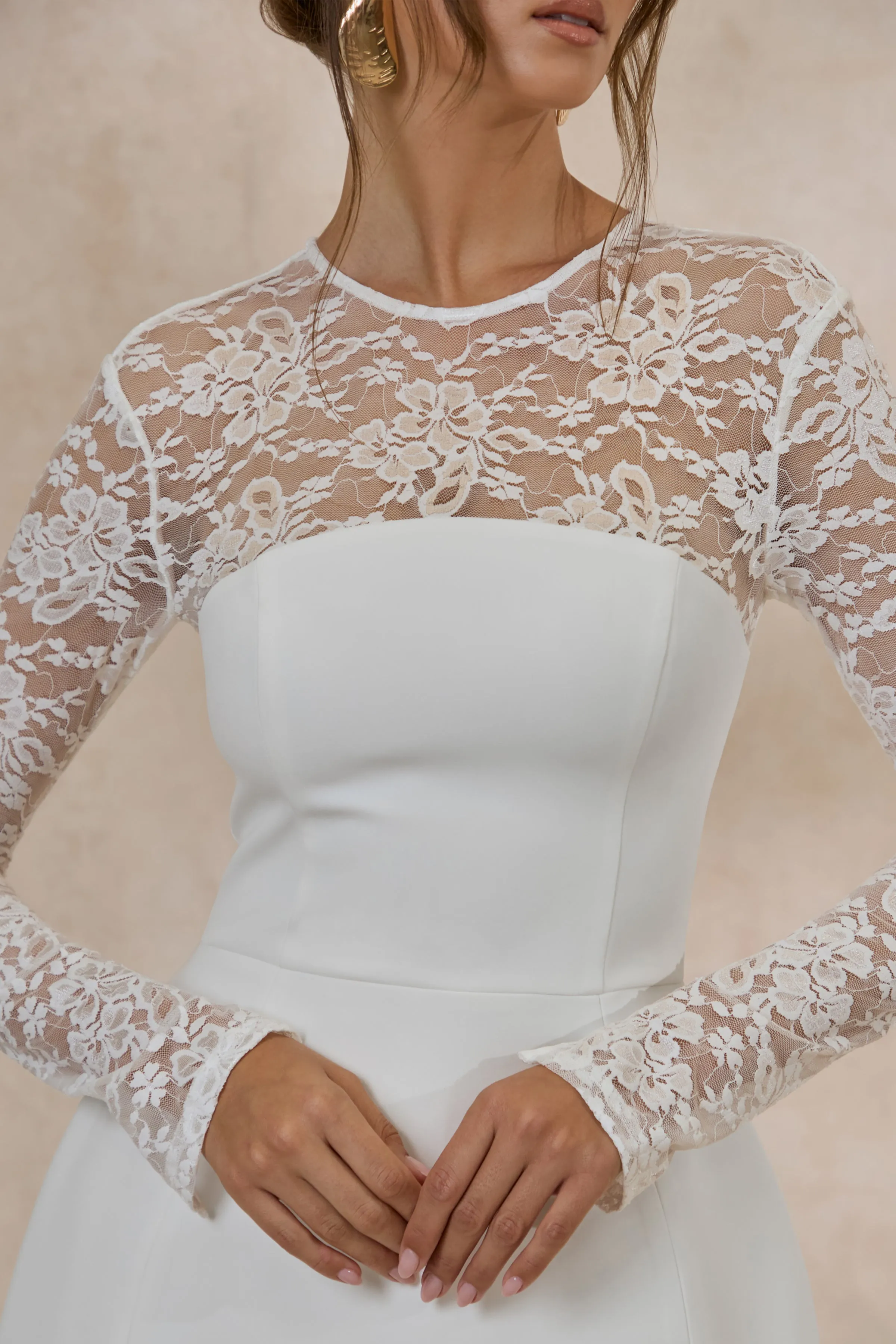 Aerin | White High-Neck Mini Dress With Long-Lace Sleeves sold by Club L London product image thumbnail 5