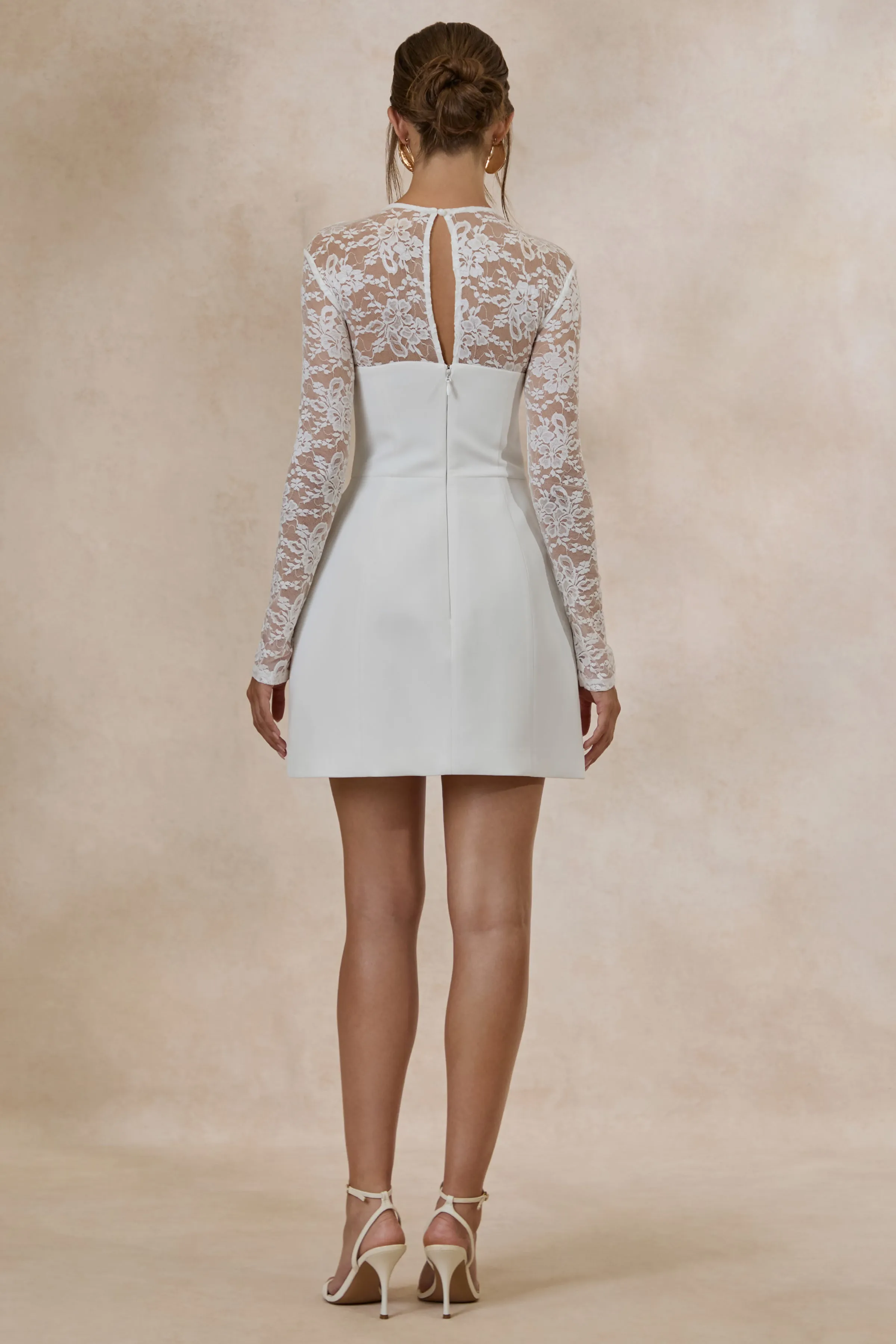 Aerin | White High-Neck Mini Dress With Long-Lace Sleeves sold by Club L London product image thumbnail 2
