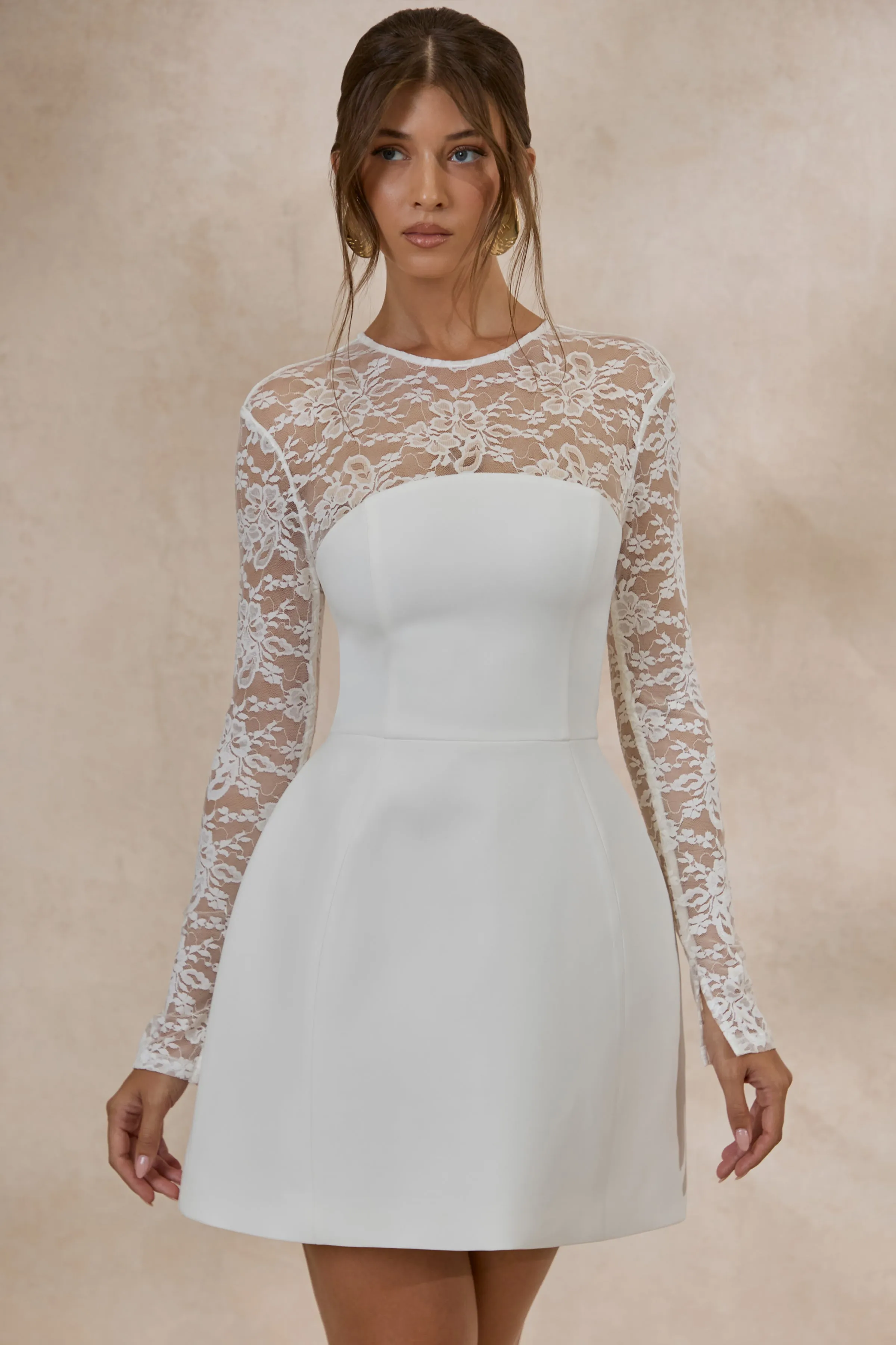 Aerin | White High-Neck Mini Dress With Long-Lace Sleeves sold by Club L London product image thumbnail 3
