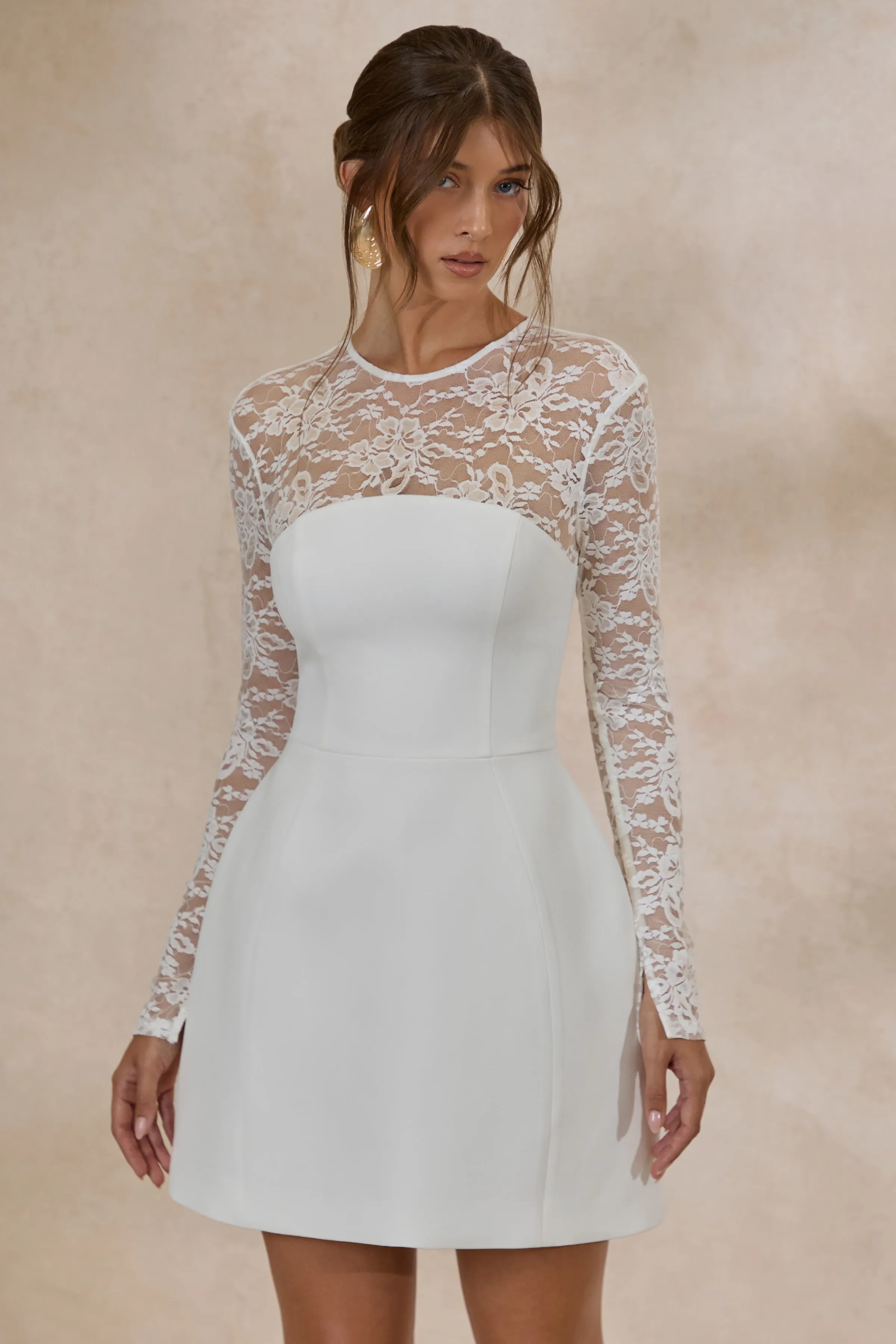 Aerin | White High-Neck Mini Dress With Long-Lace Sleeves sold by Club L London product image thumbnail 4